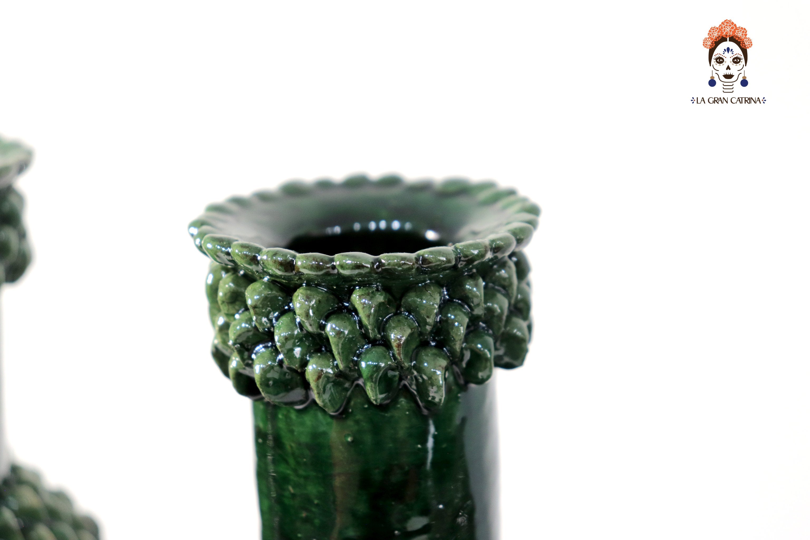 3-Candle Candleholder - Green Round Ornaments - Glazed Clay Juan Gtz