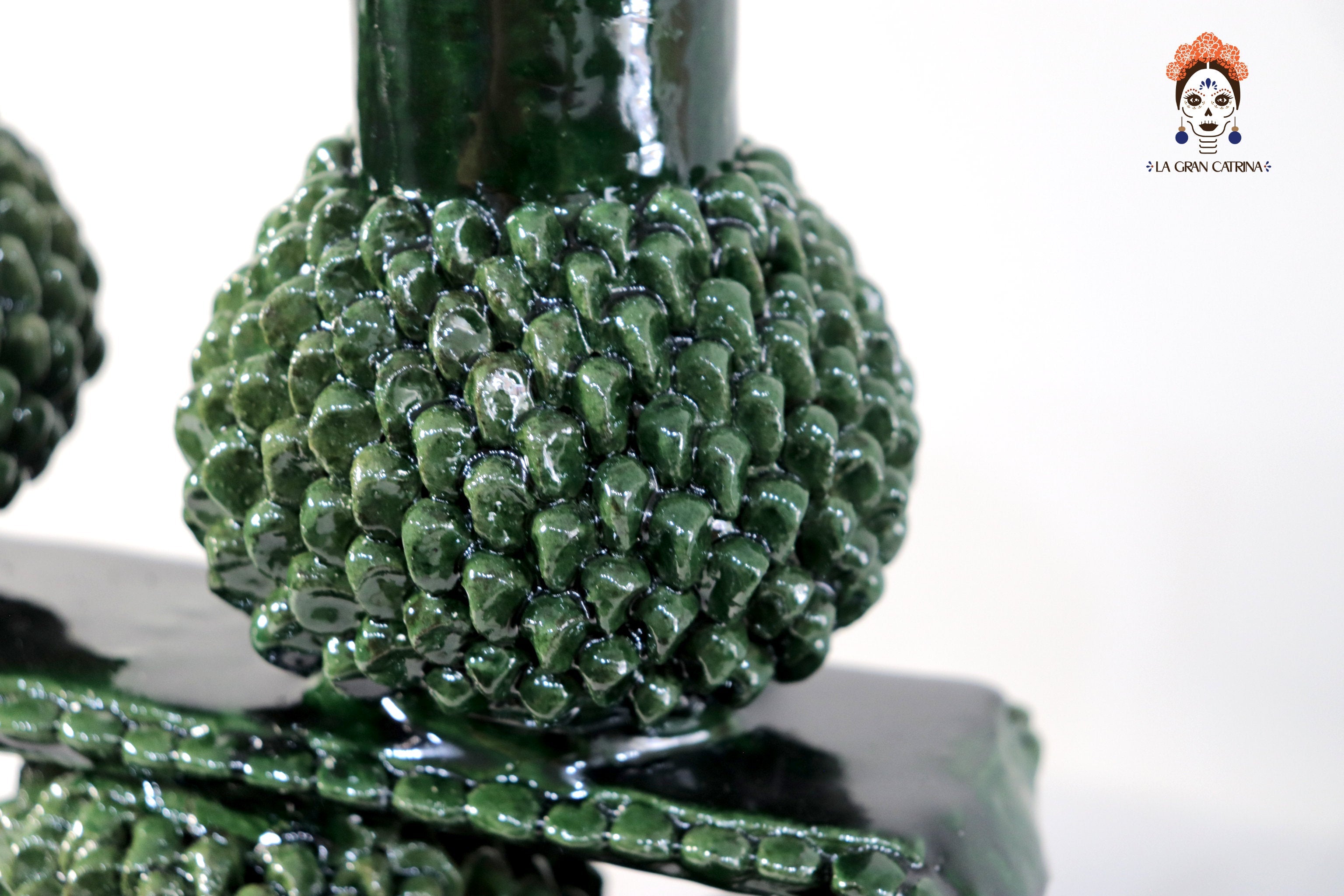 3-Candle Candleholder - Green Round Ornaments - Glazed Clay Juan Gtz