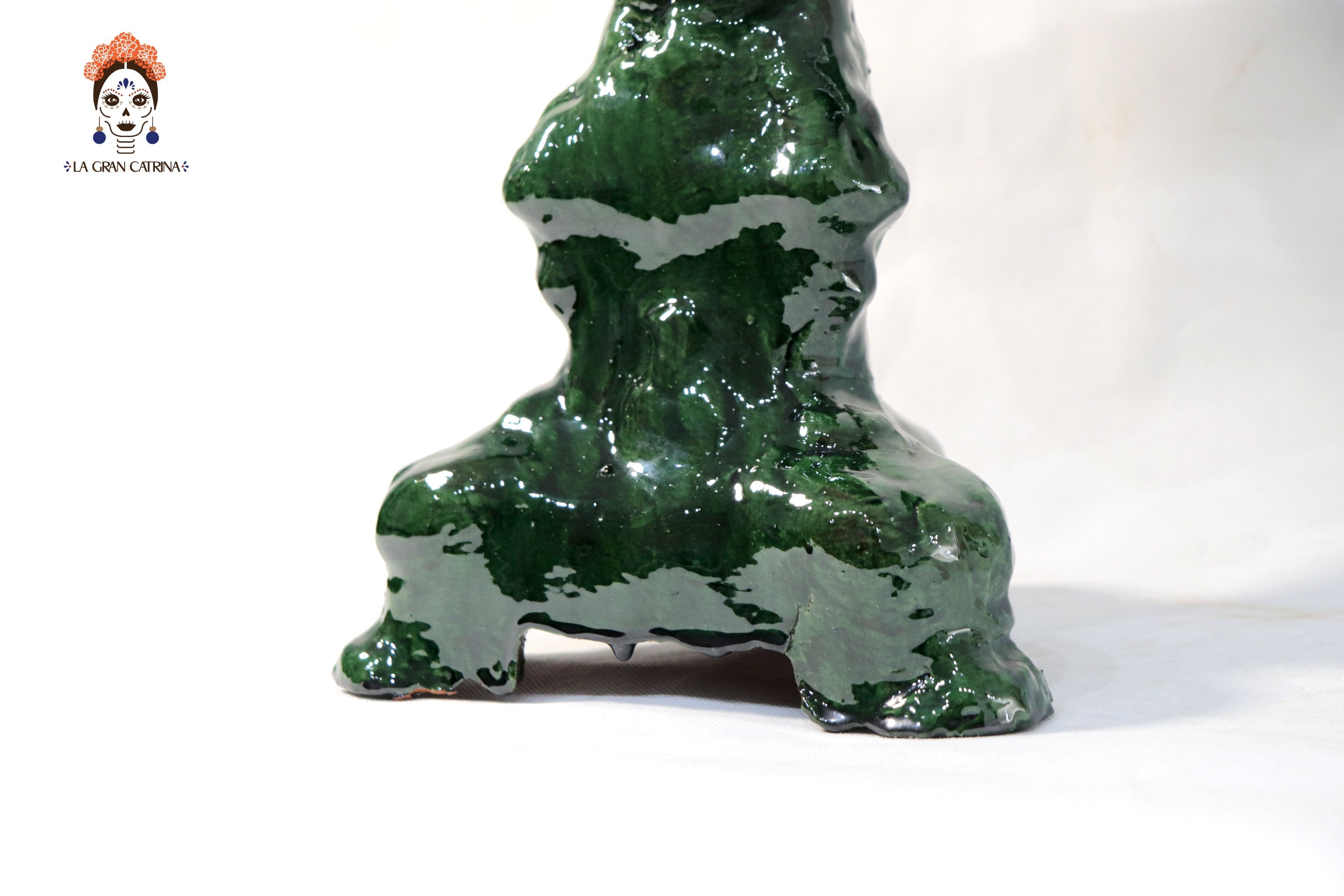 3-Candle Candleholder - Green Round Ornaments - Glazed Clay Juan Gtz