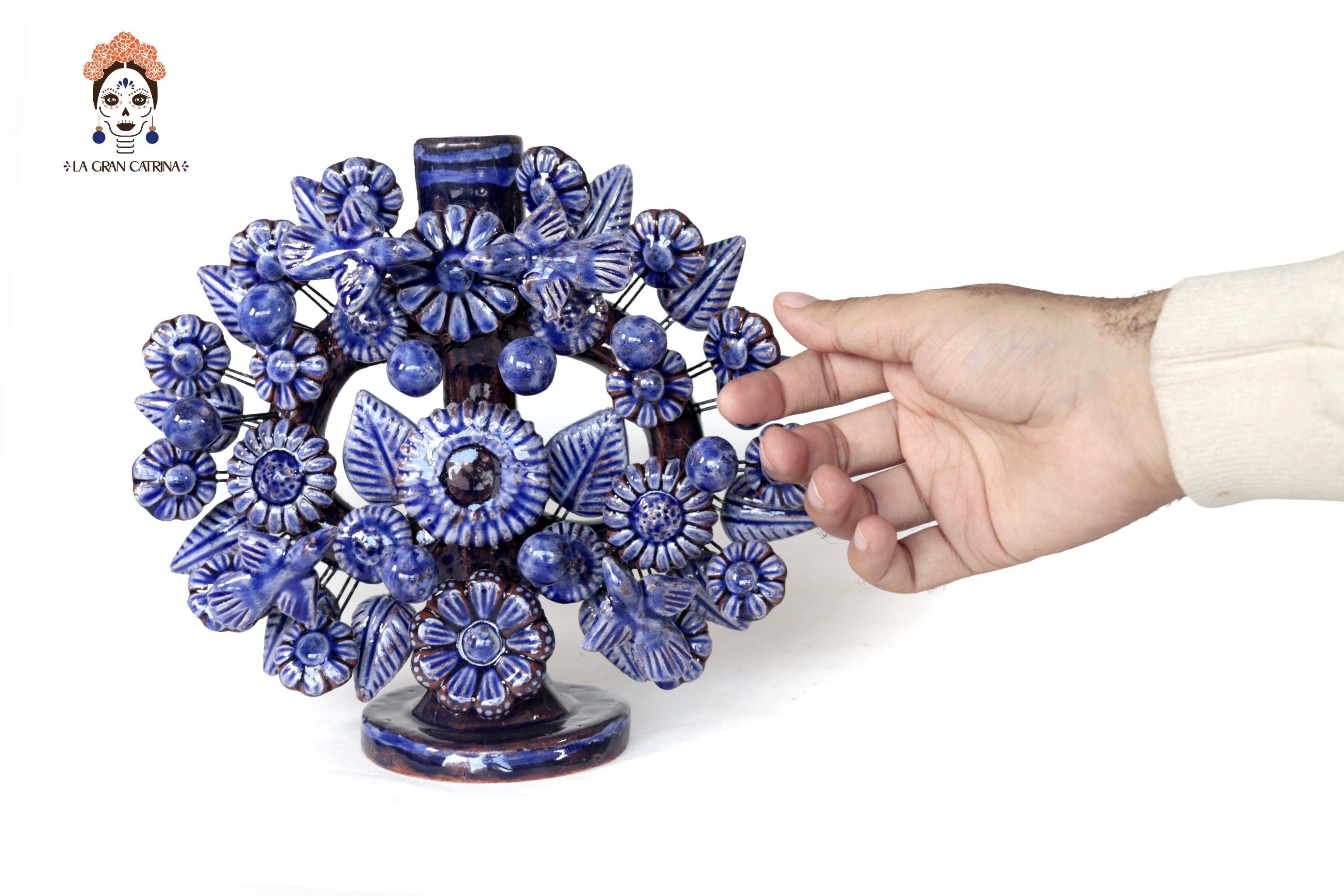 Candle Lantern Blue 1-Candle - Glazed Clay - 8.6 in. Montoya