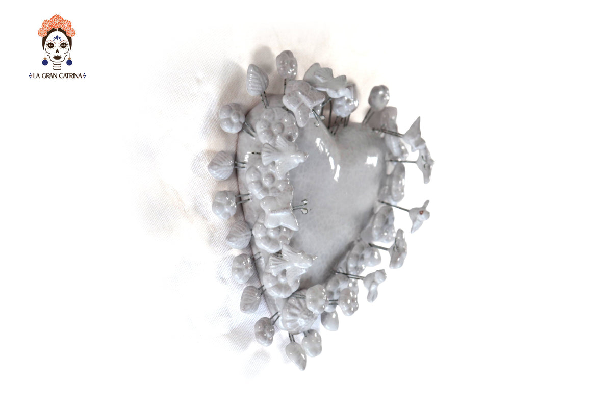 Glazed Clay Heart White with Flowers - 8.6 in. Montoya