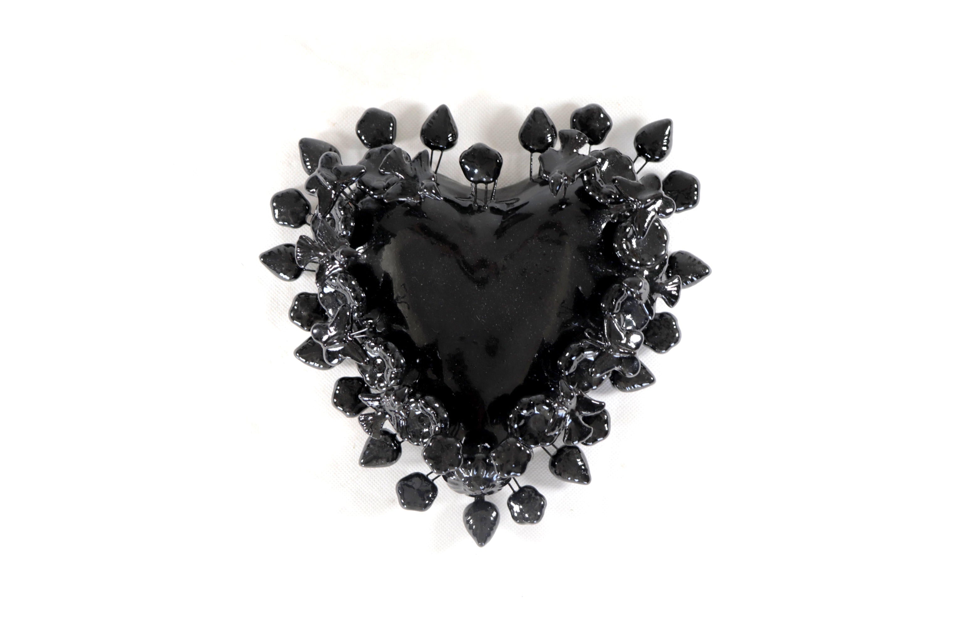Glazed Clay Heart Black with Flowers - 8.6 in. Montoya