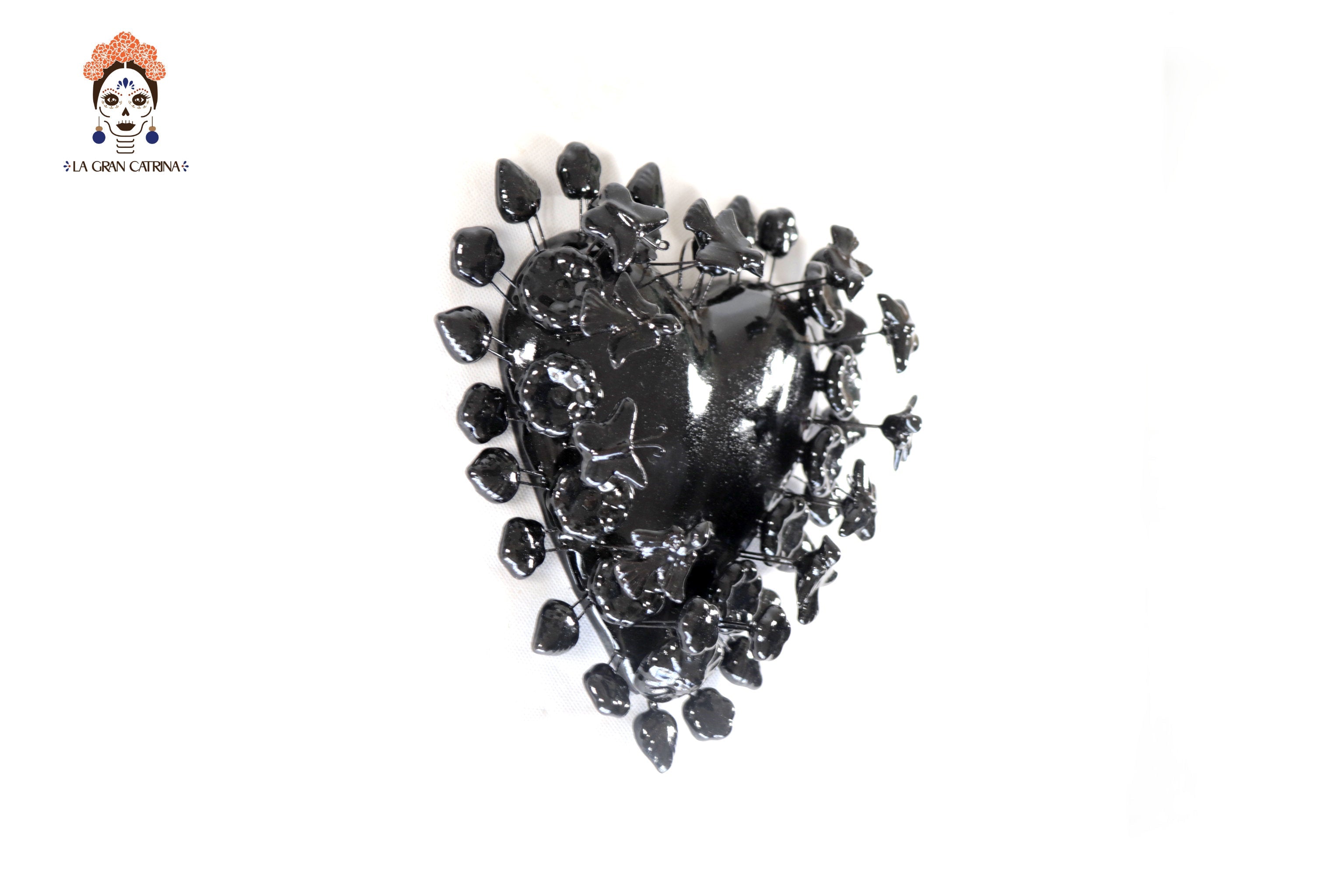Glazed Clay Heart Black with Flowers - 8.6 in. Montoya