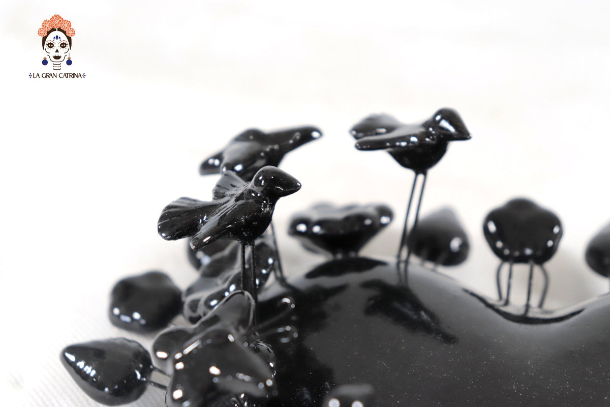 Glazed Clay Heart Black with Flowers - 8.6 in. Montoya
