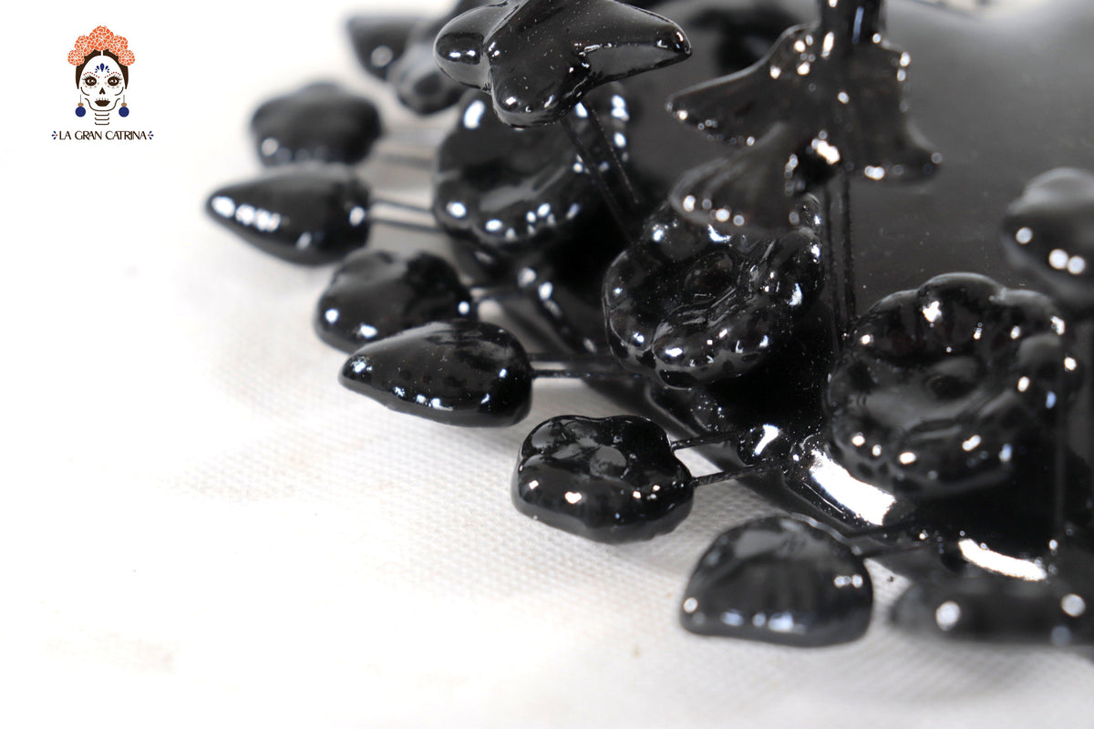 Glazed Clay Heart Black with Flowers - 8.6 in. Montoya