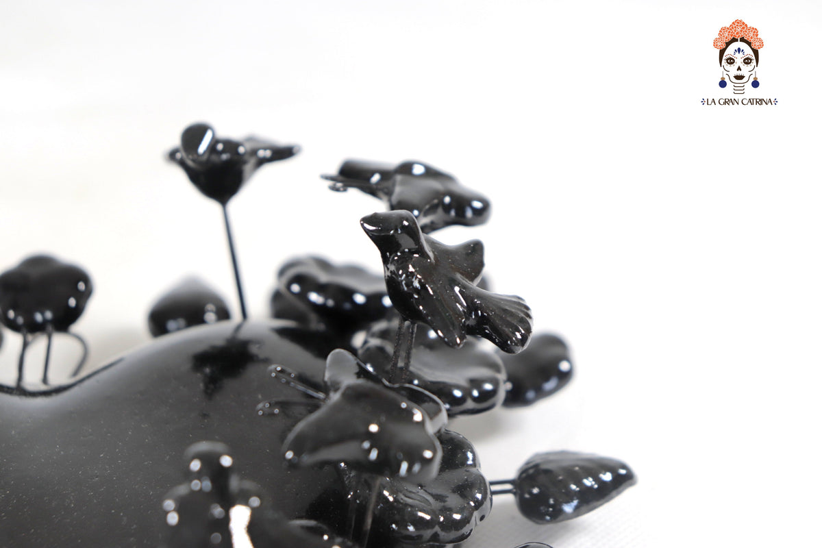 Glazed Clay Heart Black with Flowers - 8.6 in. Montoya