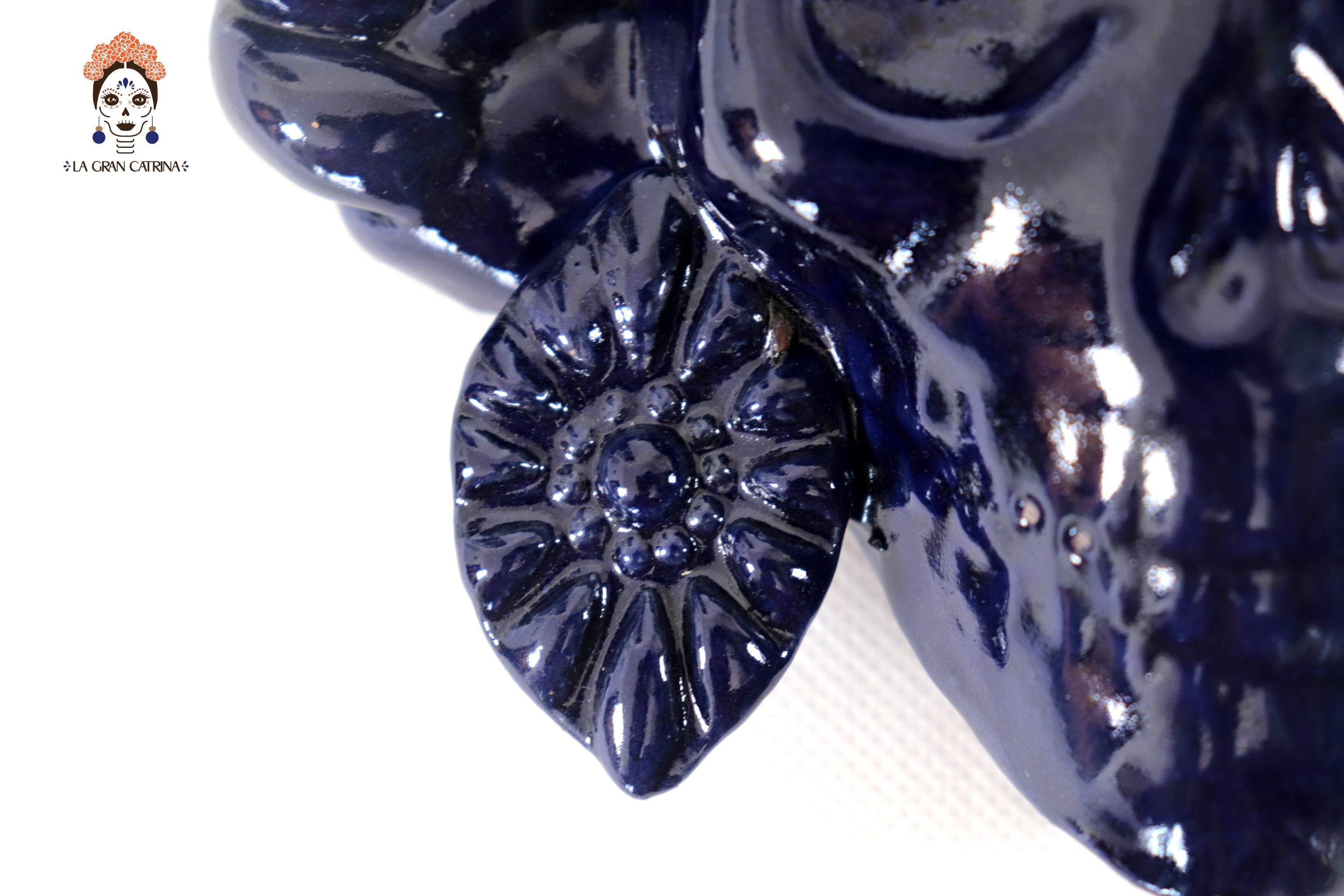 Skull Glazed Clay Blue with Flowers and Trenza II - 7.6 in. Tiru