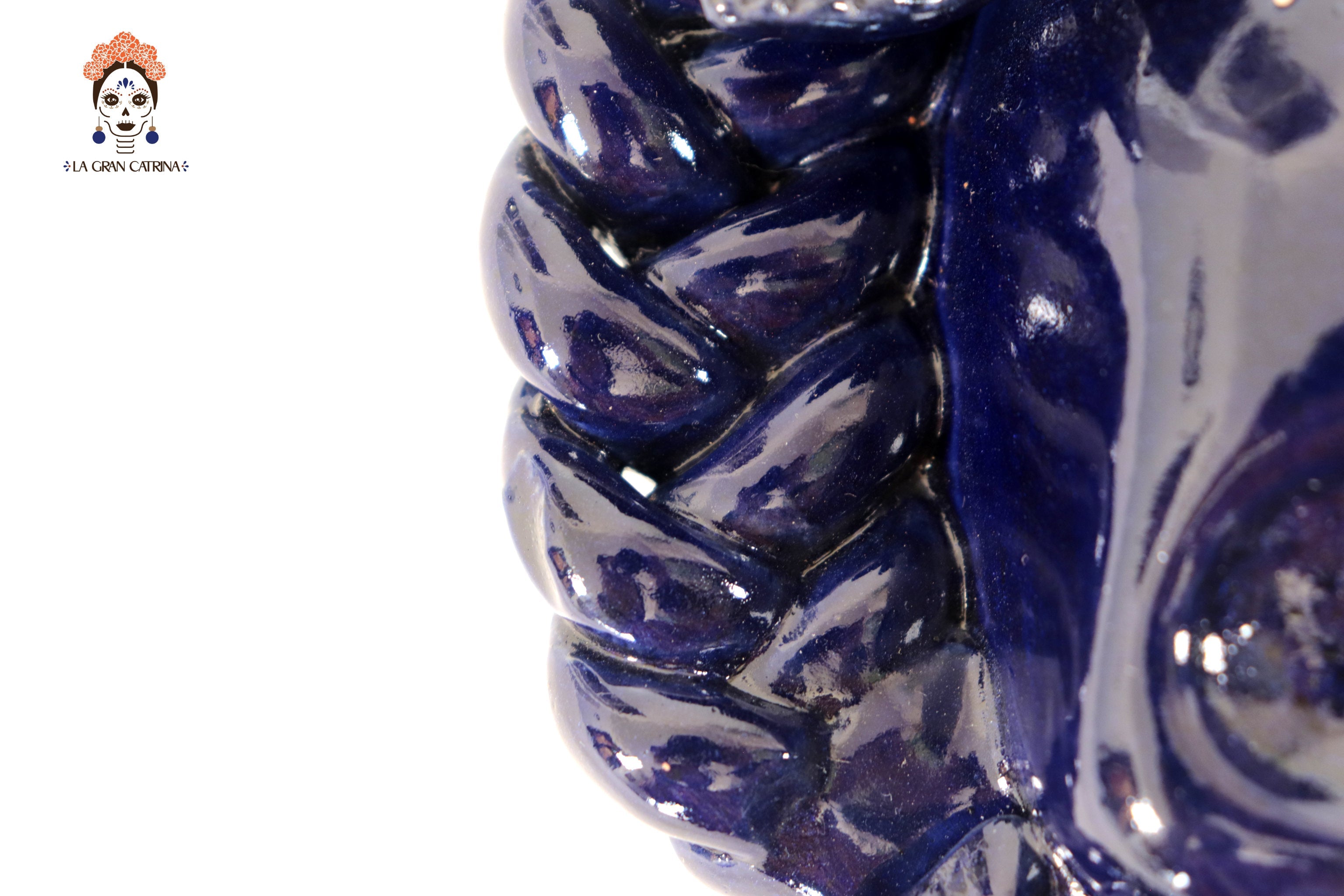 Skull Glazed Clay Blue with Flowers and Trenza II - 7.6 in. Tiru