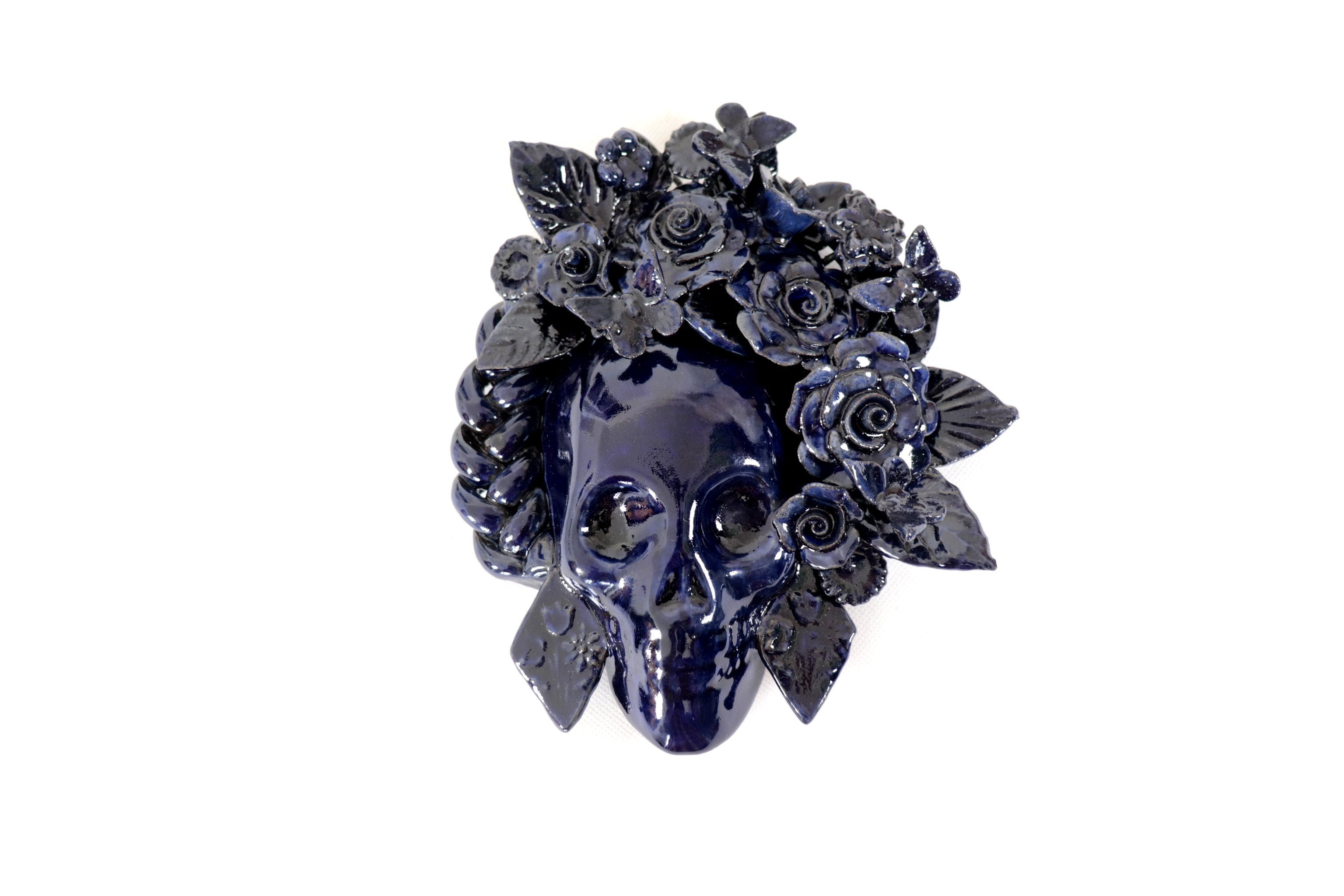 Skull Glazed Clay Blue with Flowers and Trenza - 7.6 in. Tiru