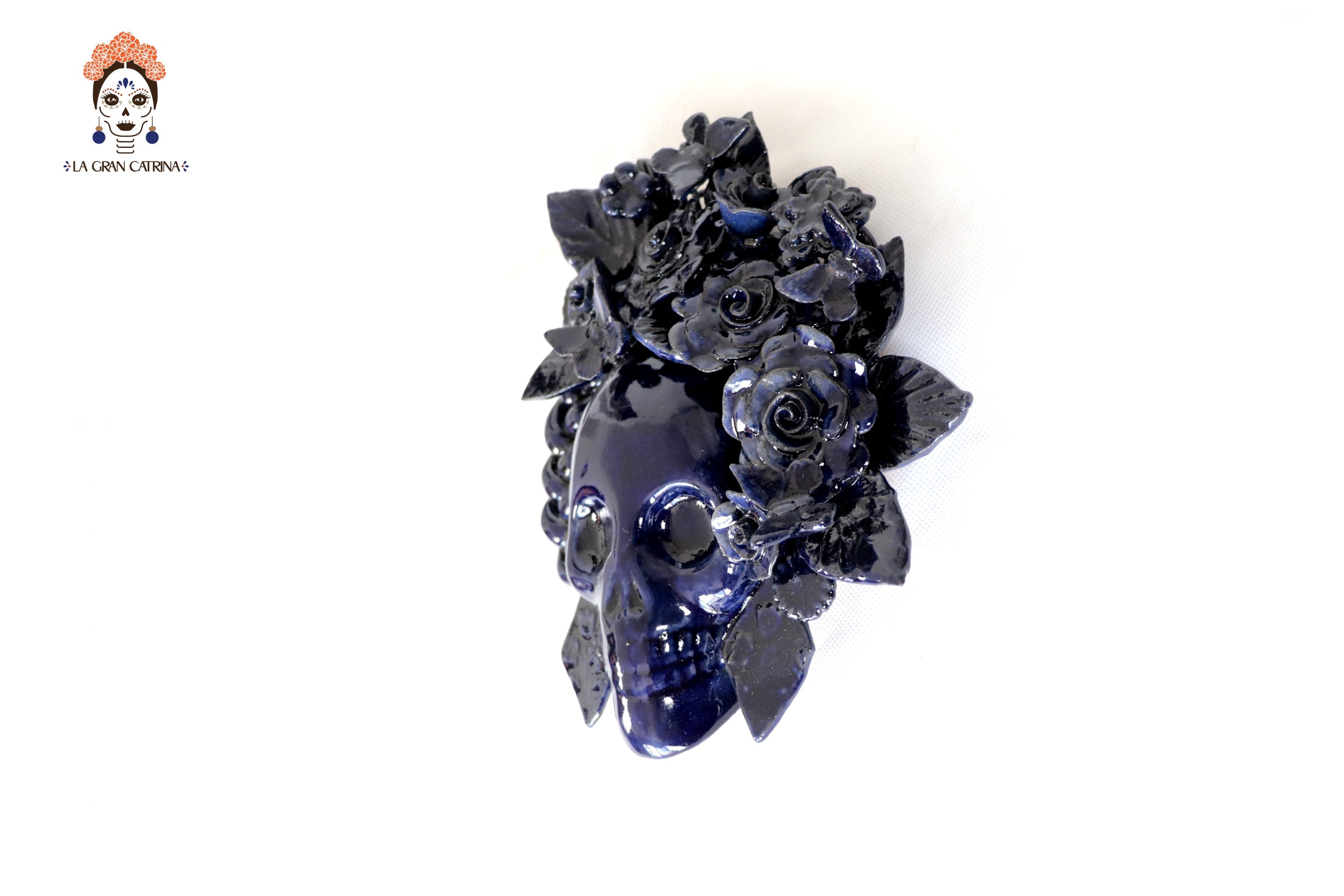 Skull Glazed Clay Blue with Flowers and Trenza - 7.6 in. Tiru