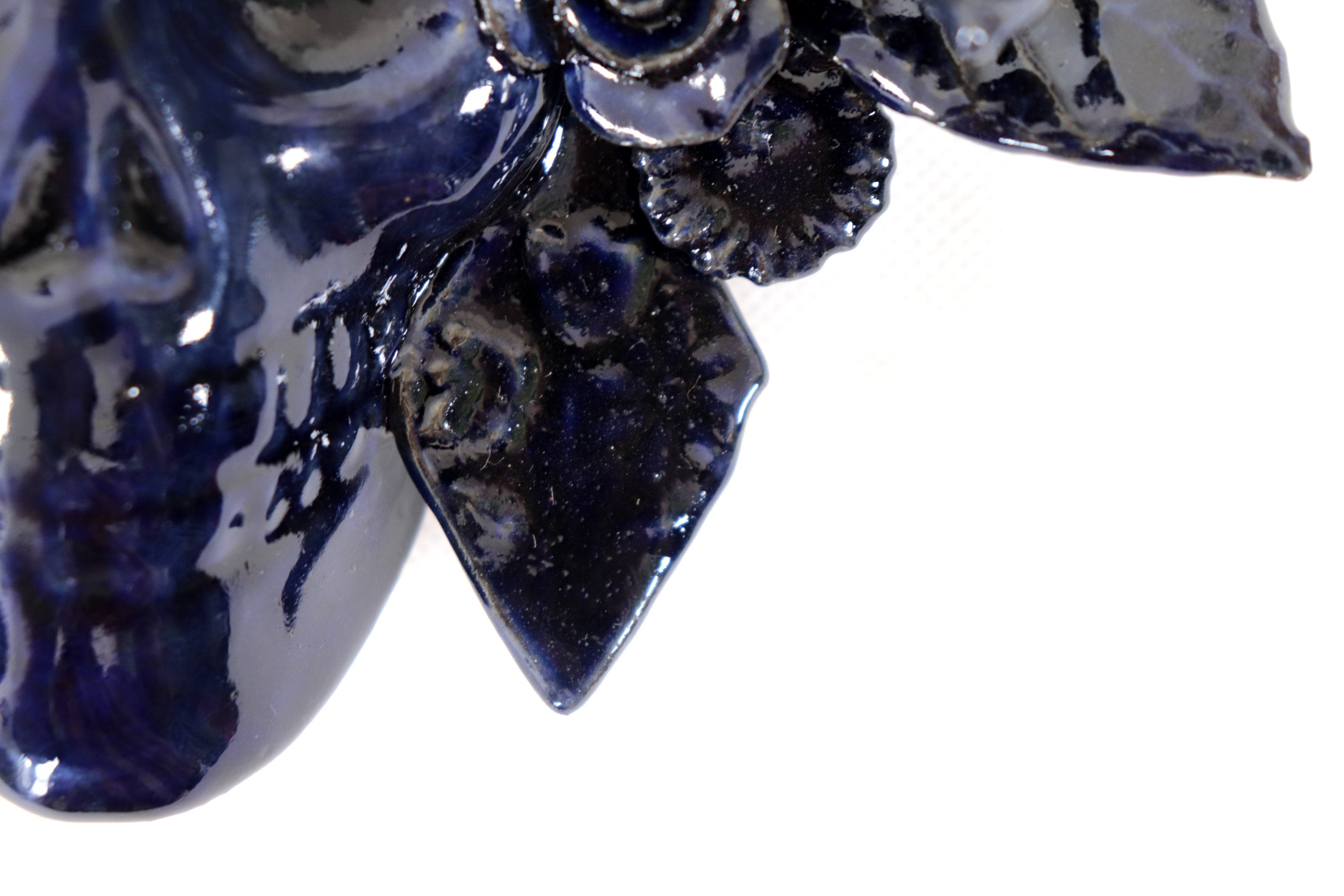 Skull Glazed Clay Blue with Flowers and Trenza - 7.6 in. Tiru