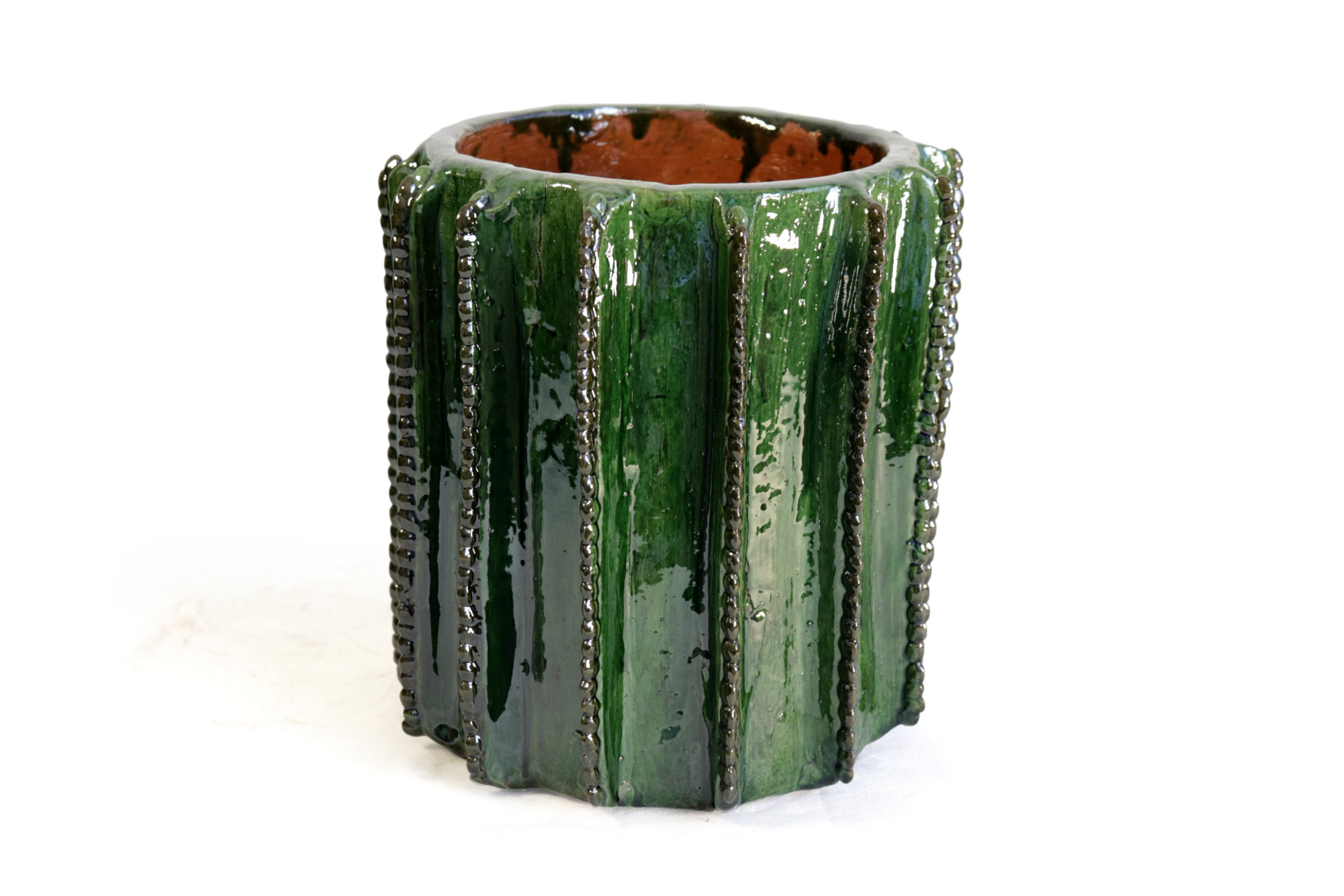Small glazed green clay cactus-shaped planter, hand-thrown Mexican pottery from Michoacán