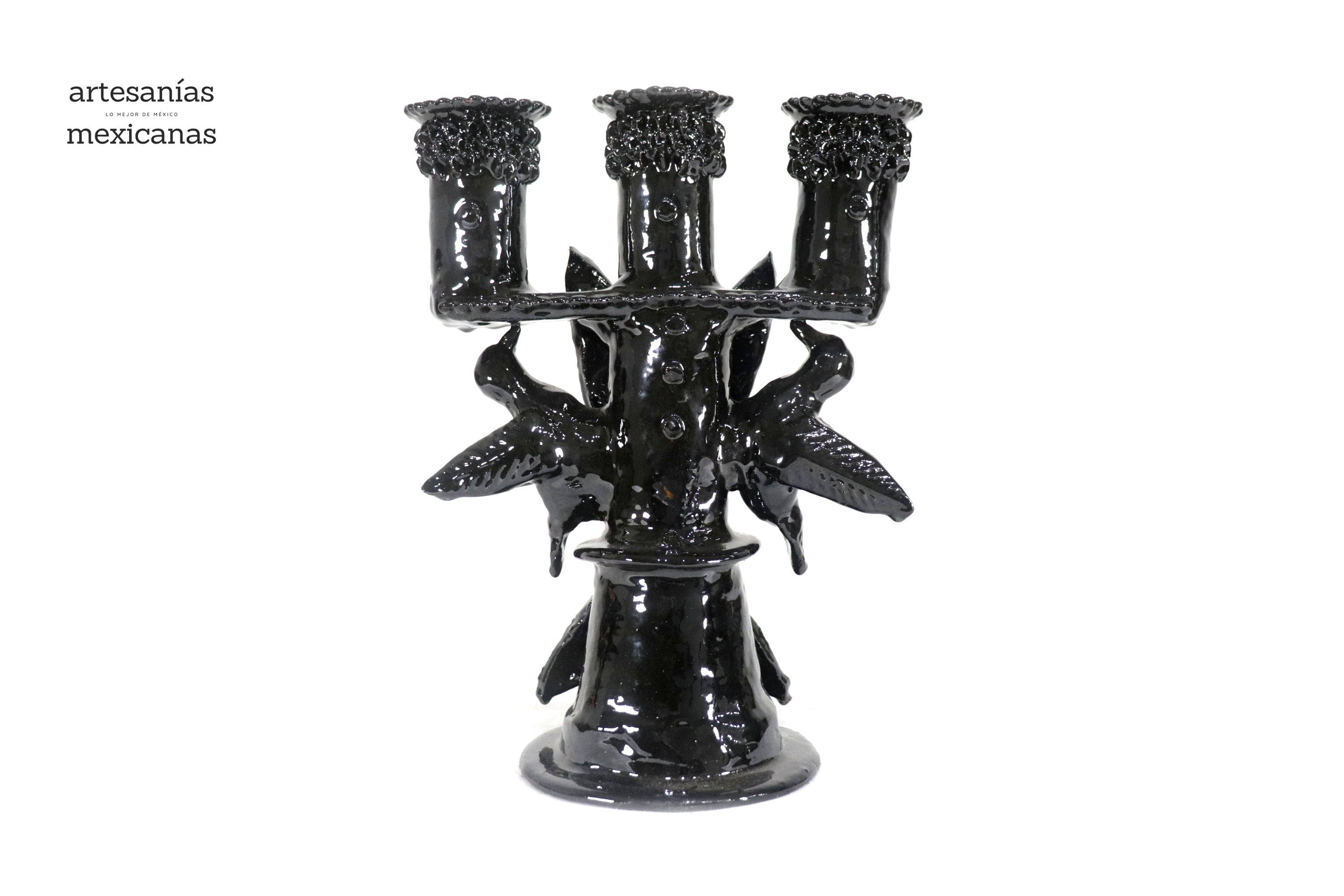 3-Candle Candleholder Black - 11.2 in. - Glazed Clay Juan Gtz
