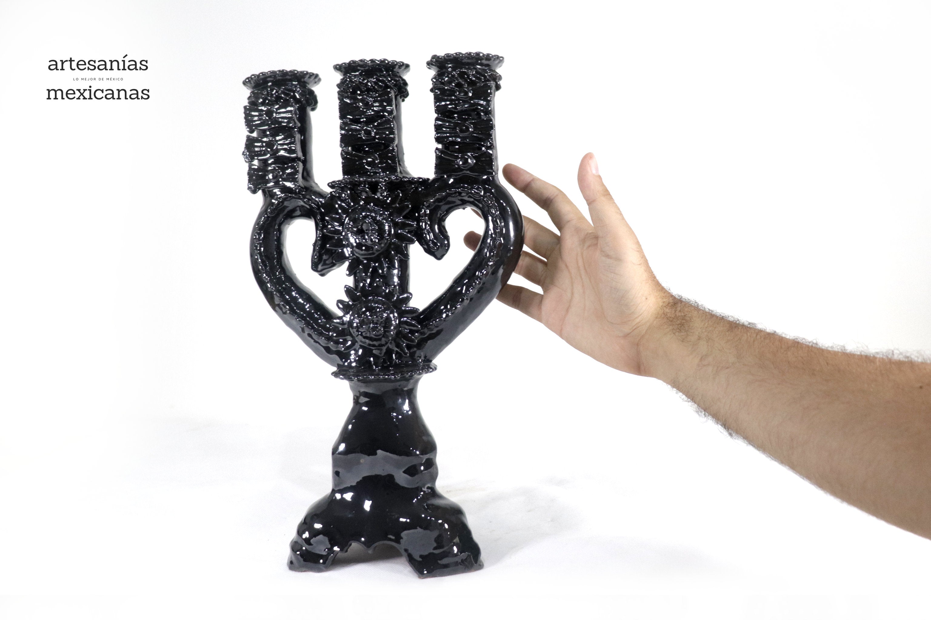 3-Candle Candleholder heart Black - 13.8 in. - Glazed Clay Juan Gtz