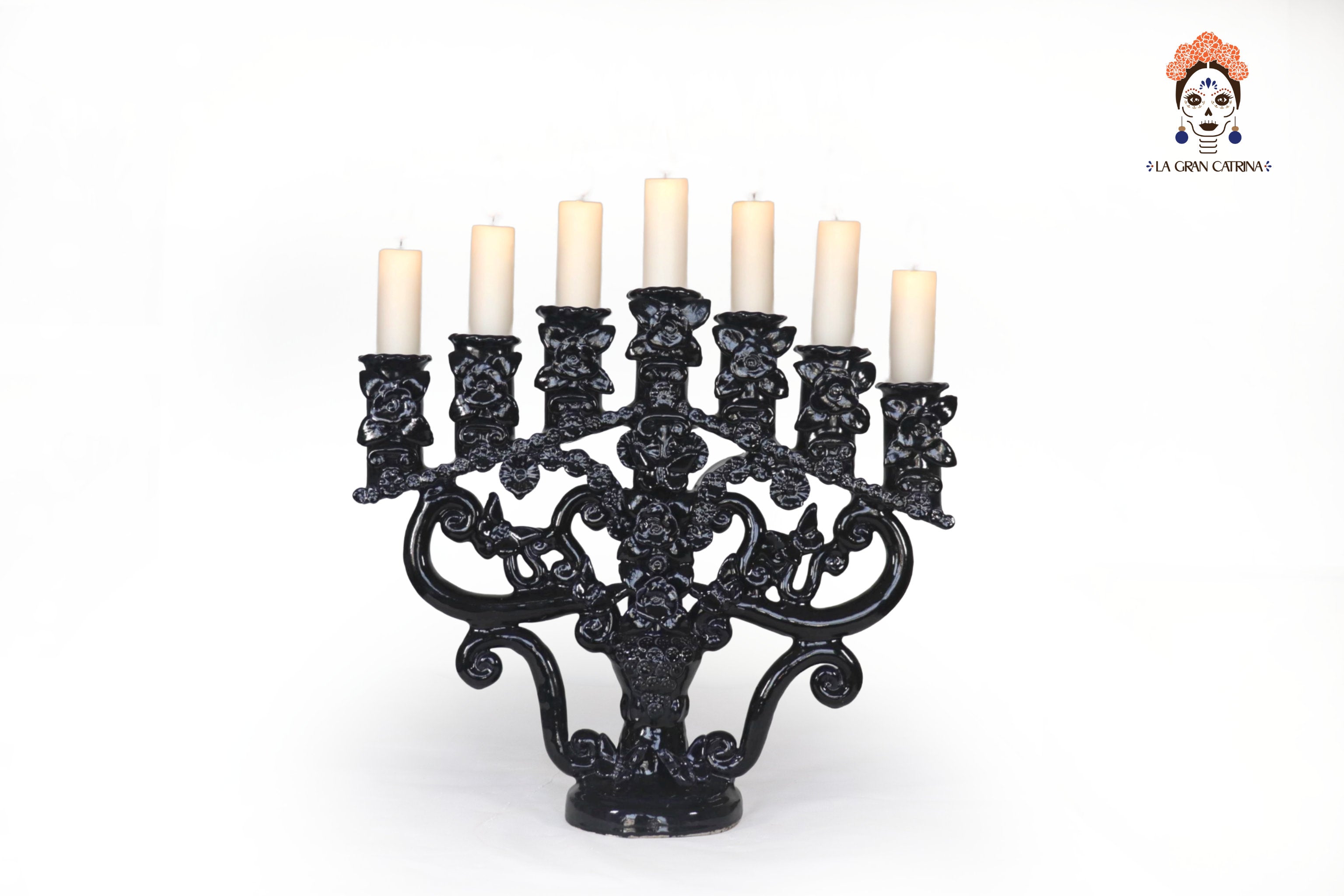 Candleholder Blue 7 candles - Glazed Clay - 15.7 in. Tiru