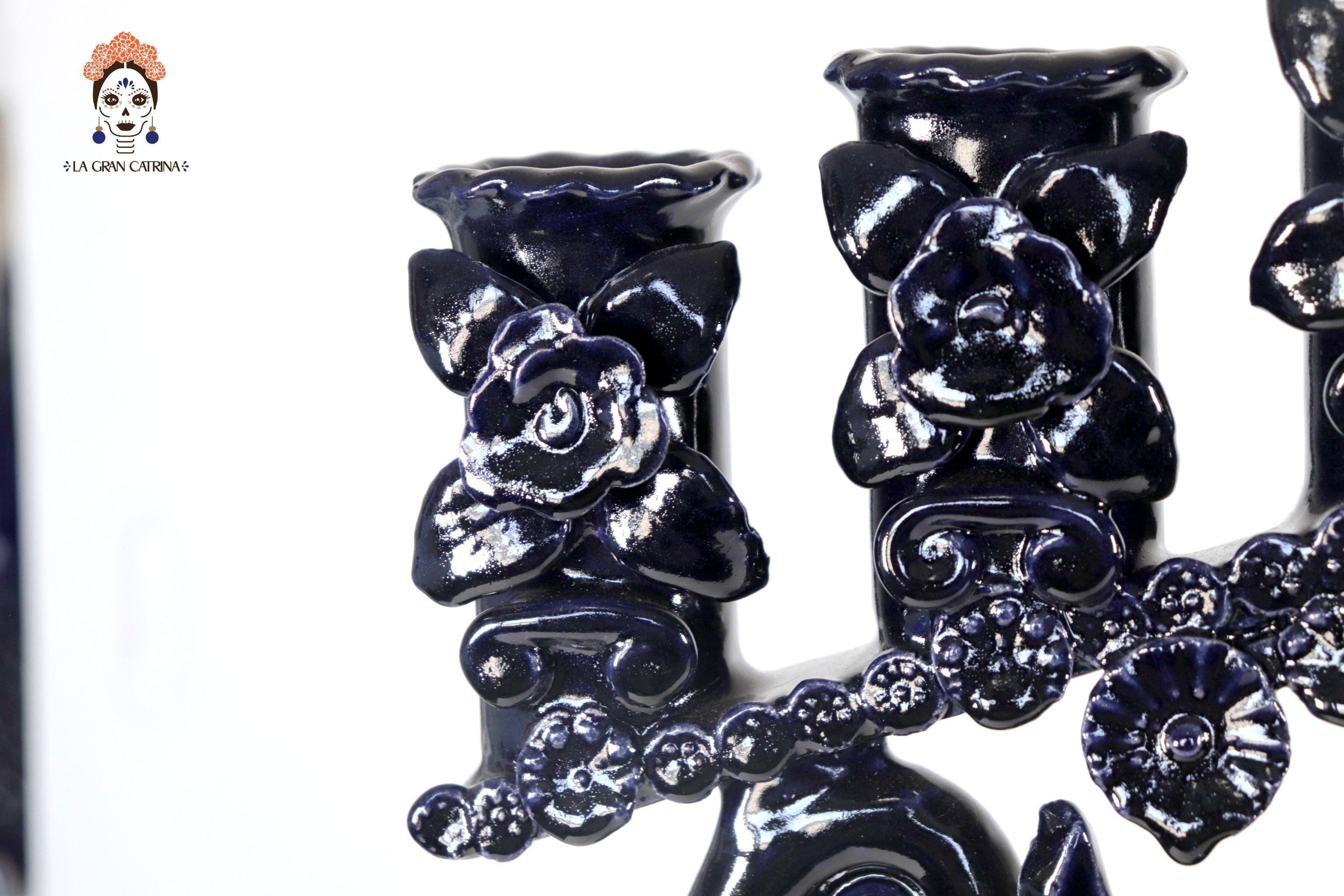 Candleholder Blue 7 candles - Glazed Clay - 15.7 in. Tiru