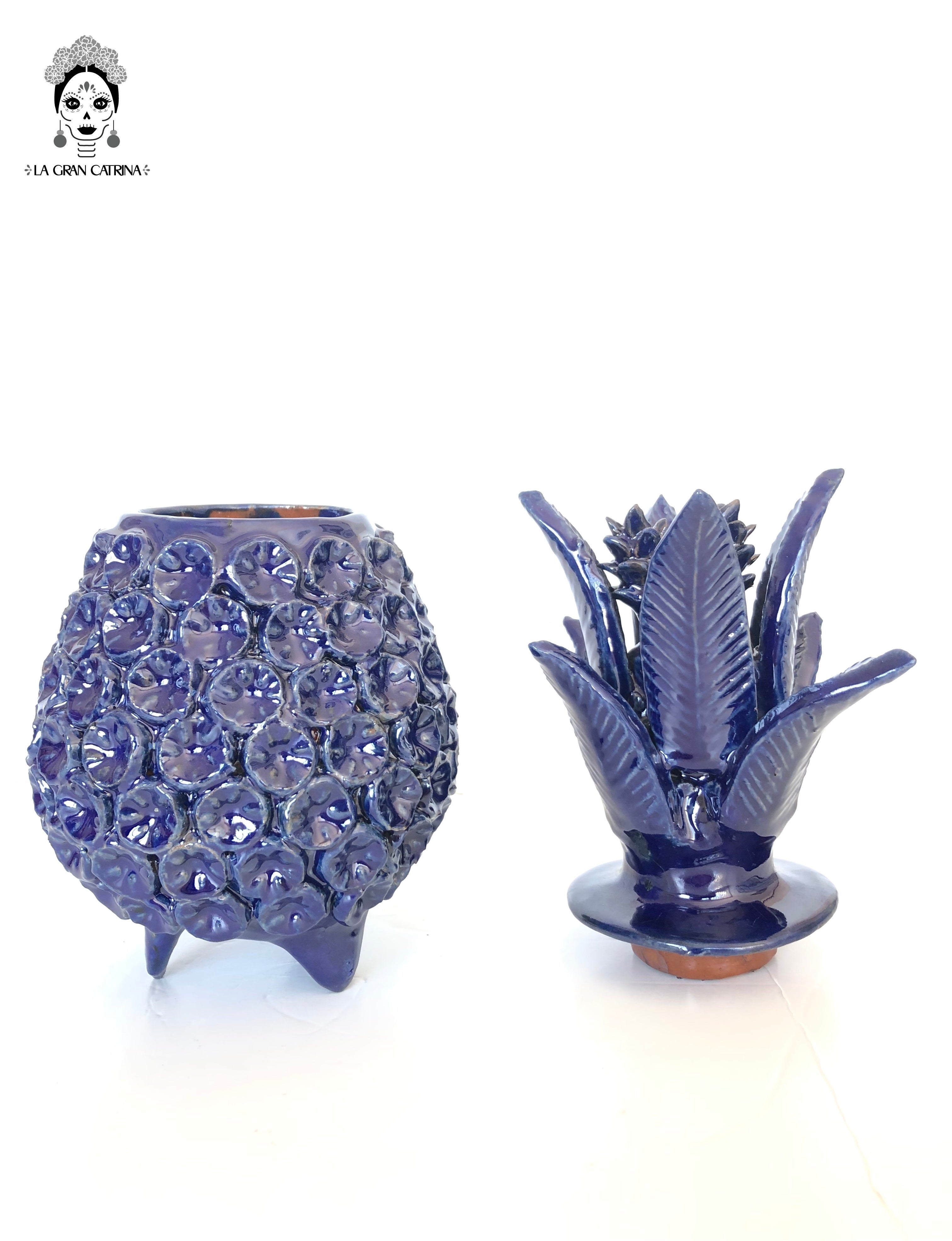 Michoacán Clay Pineapple - Flowers Blue - 11 in. - Made to Order Juan Gtz