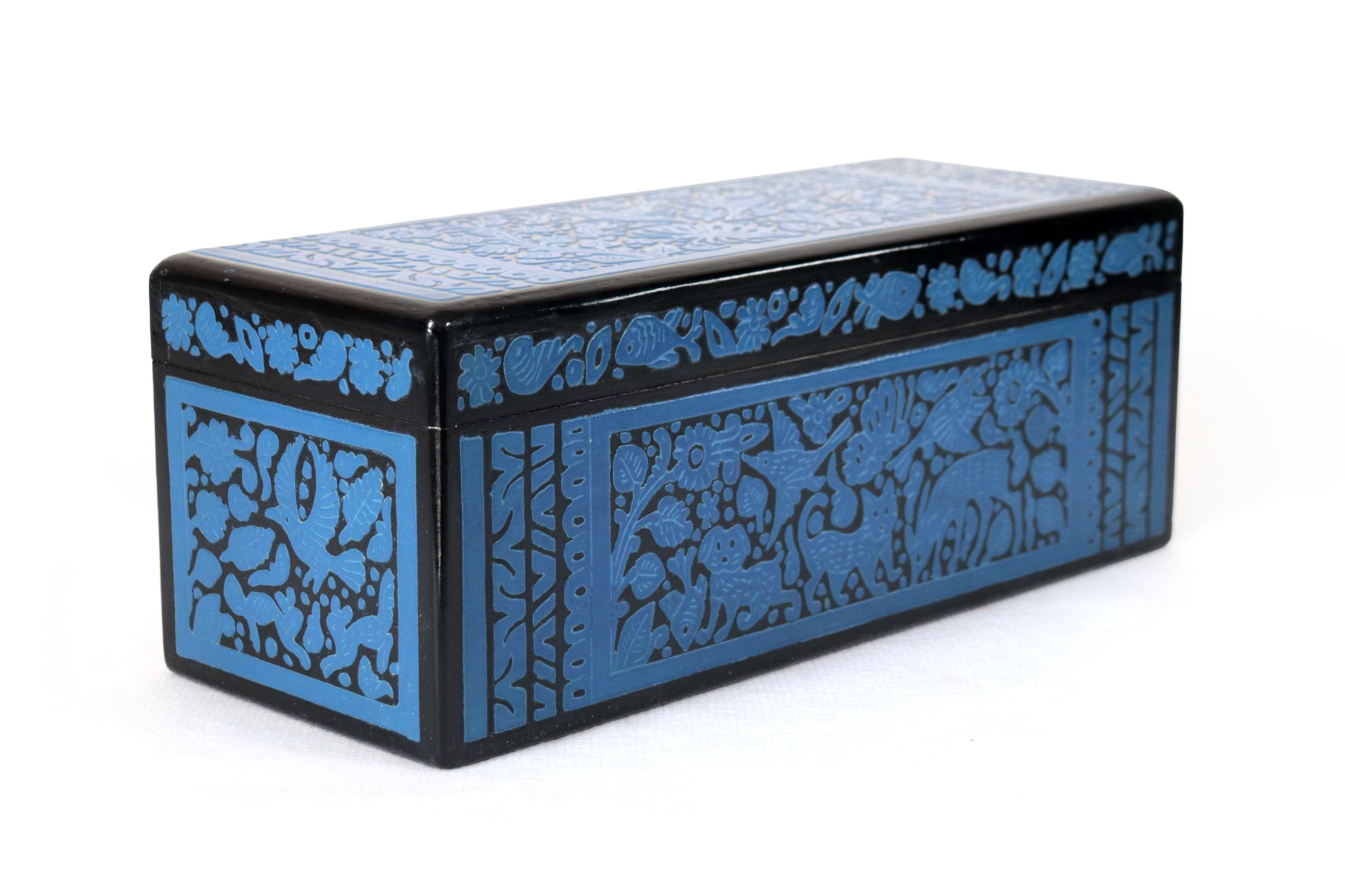 Handmade Olinalá Box - Blue Decorative Chest with Traditional Floral Art 12.9 in. Olinala