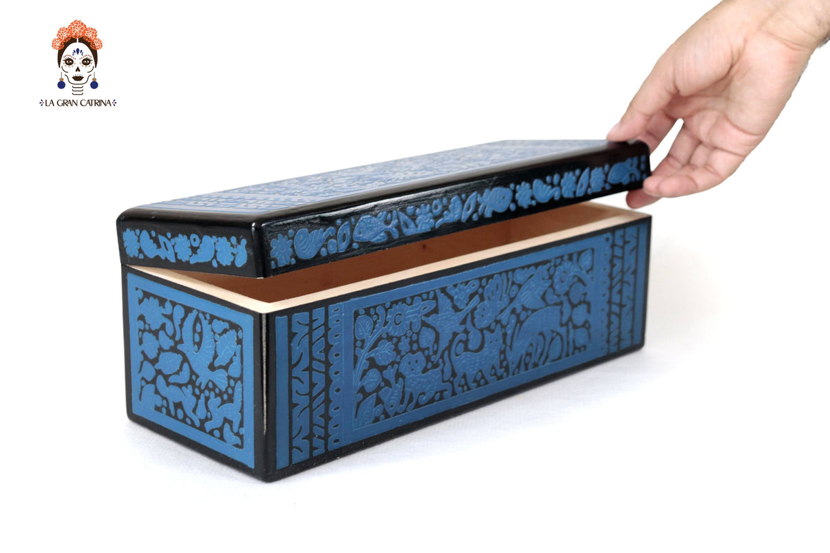 Handmade Olinalá Box - Blue Decorative Chest with Traditional Floral Art 12.9 in. Olinala