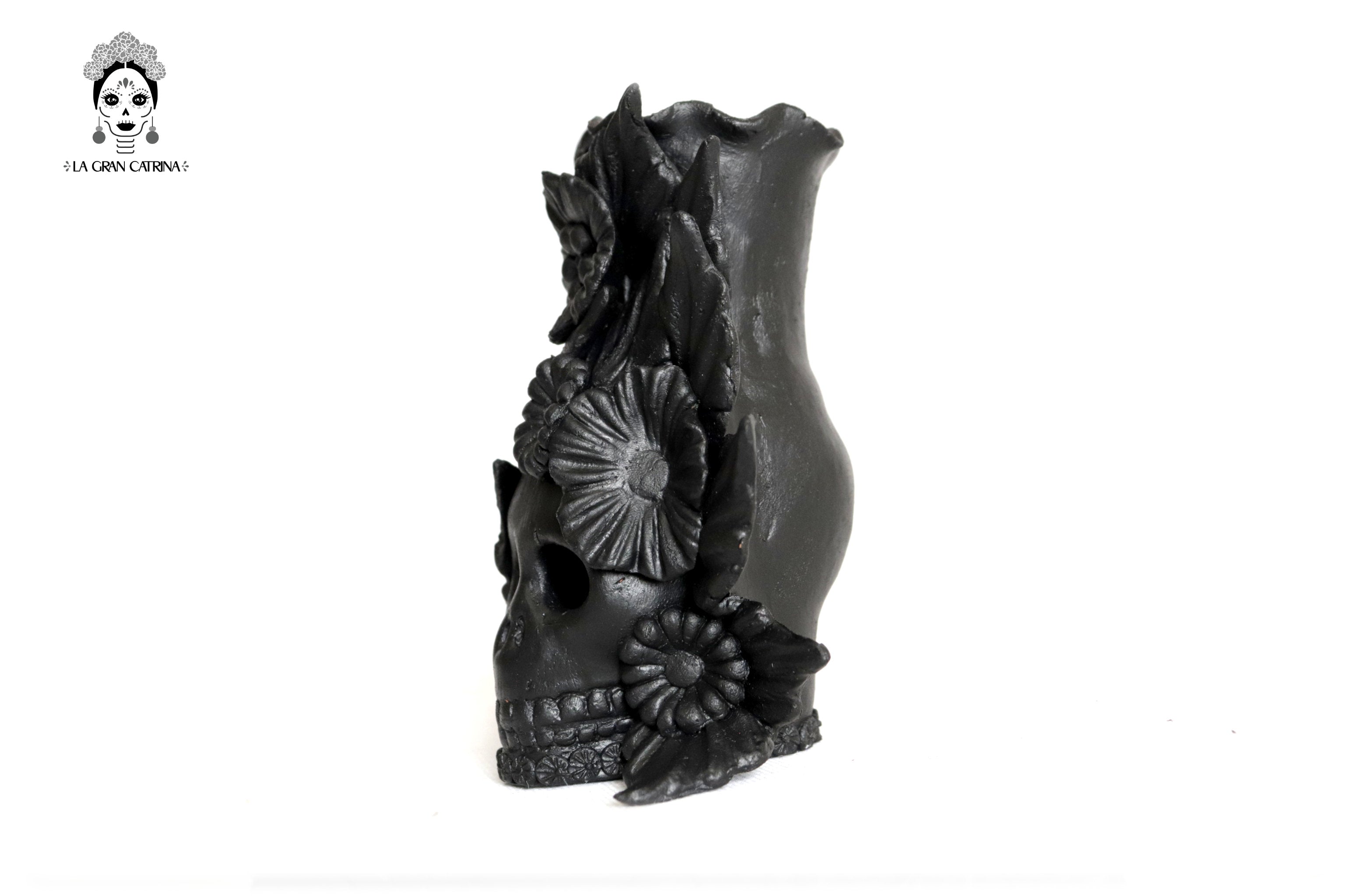 Set 3 Skulls Blacks with Flowers Clay 5.7 in. Brenda Capula