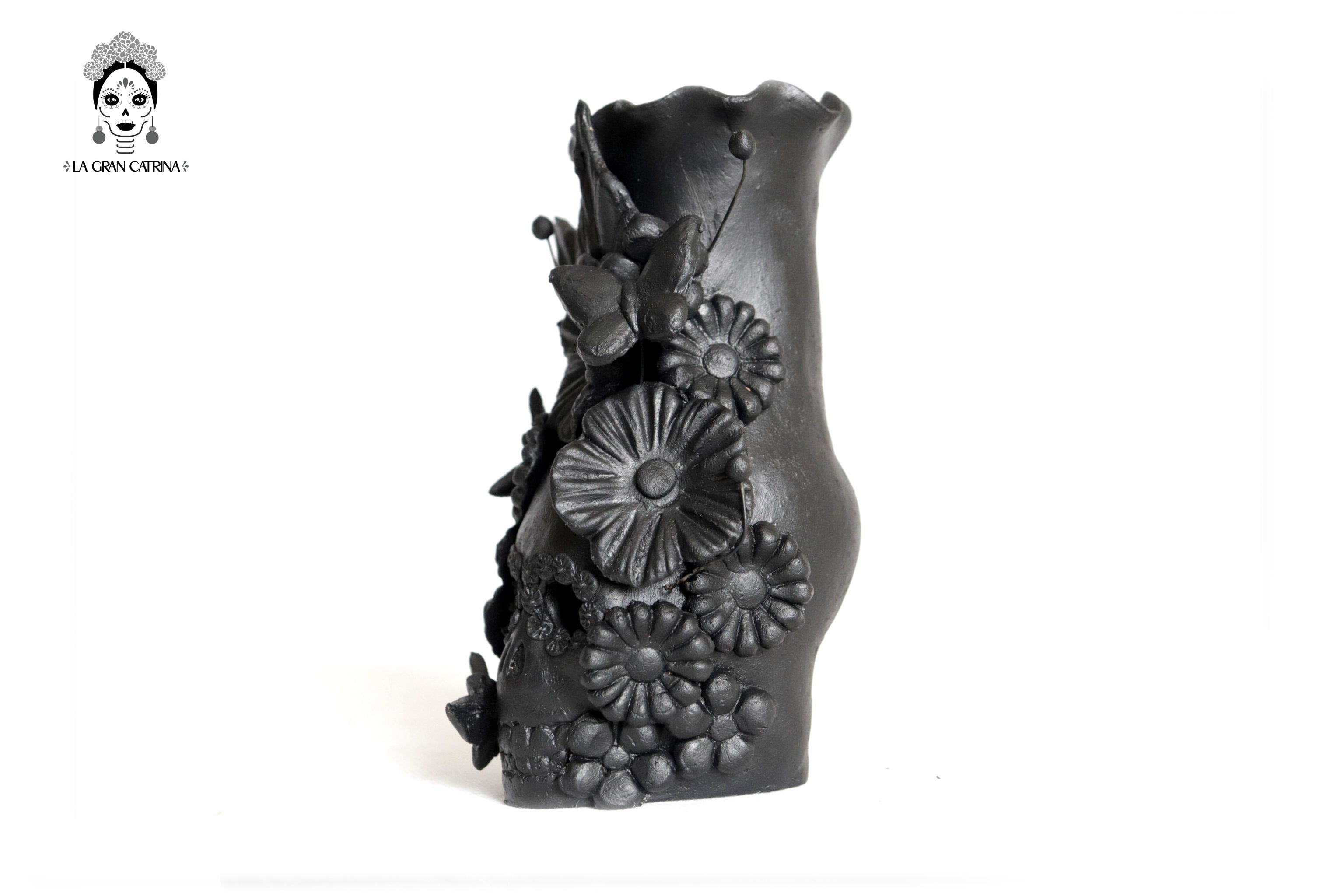 Set 3 Skulls Blacks with Flowers Clay 5.7 in. Brenda Capula
