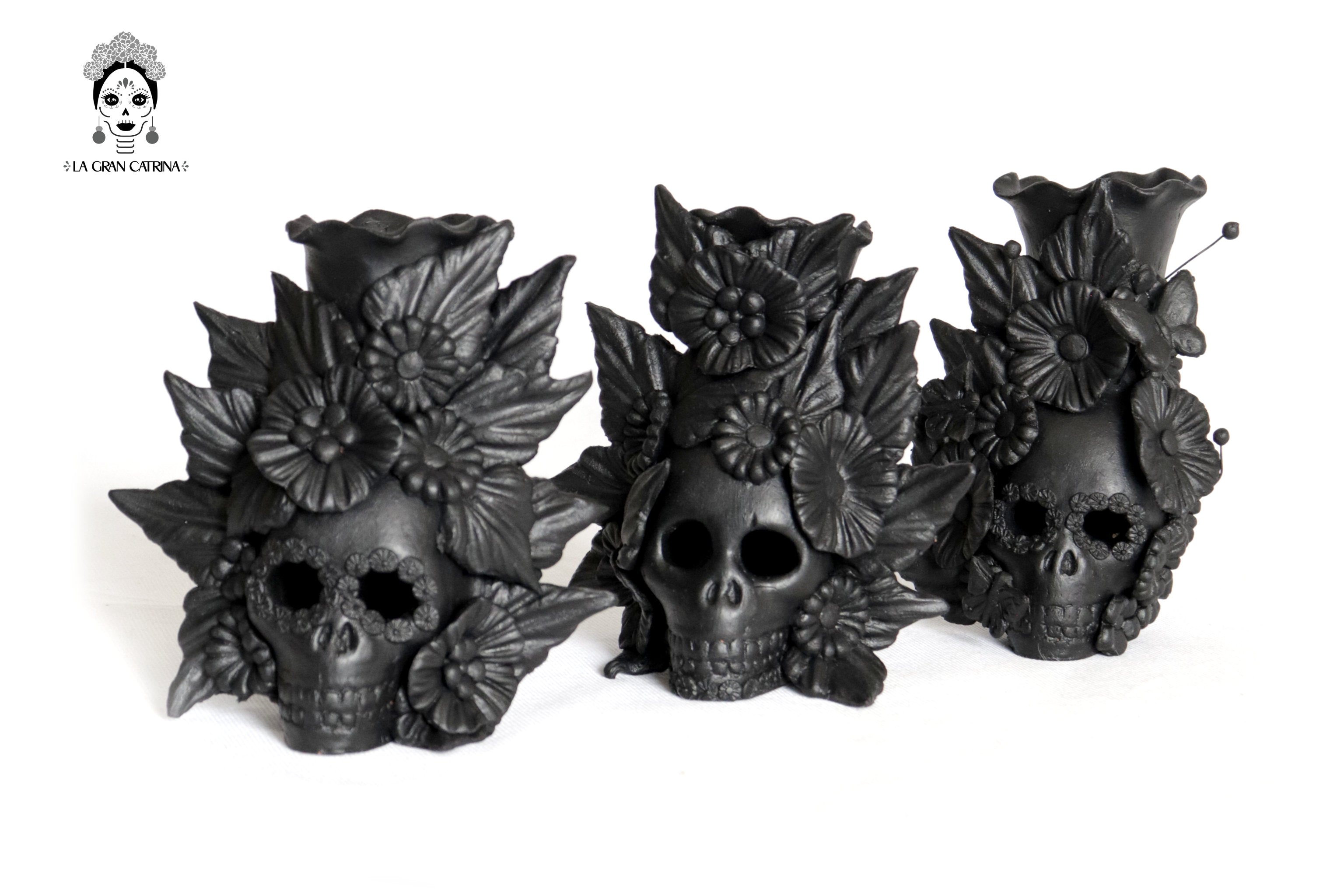 Set 3 Skulls Blacks with Flowers Clay 5.7 in. Brenda Capula