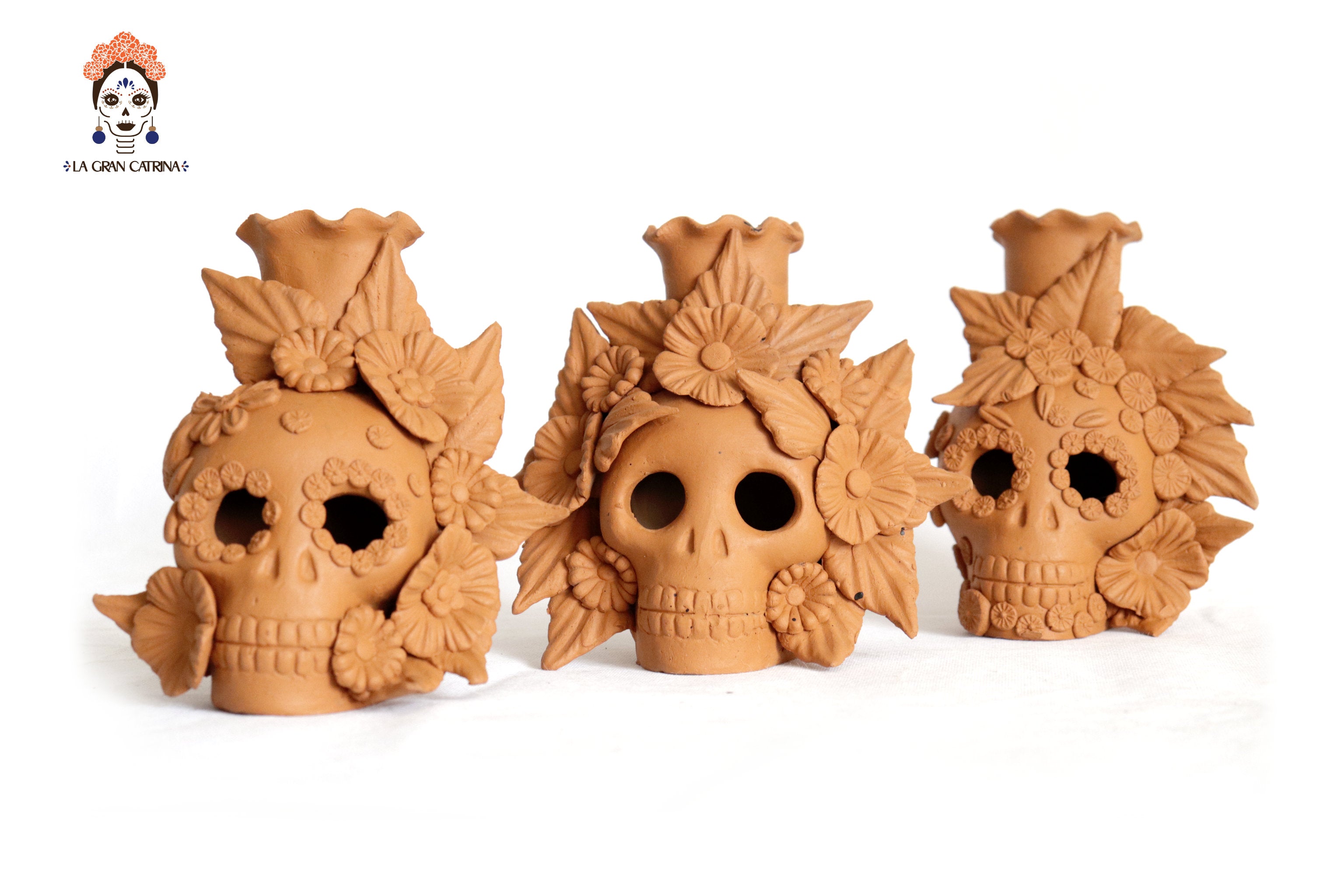 Trio of candleholders medium orange Day of the Dead for 1 Candle Brenda Capula
