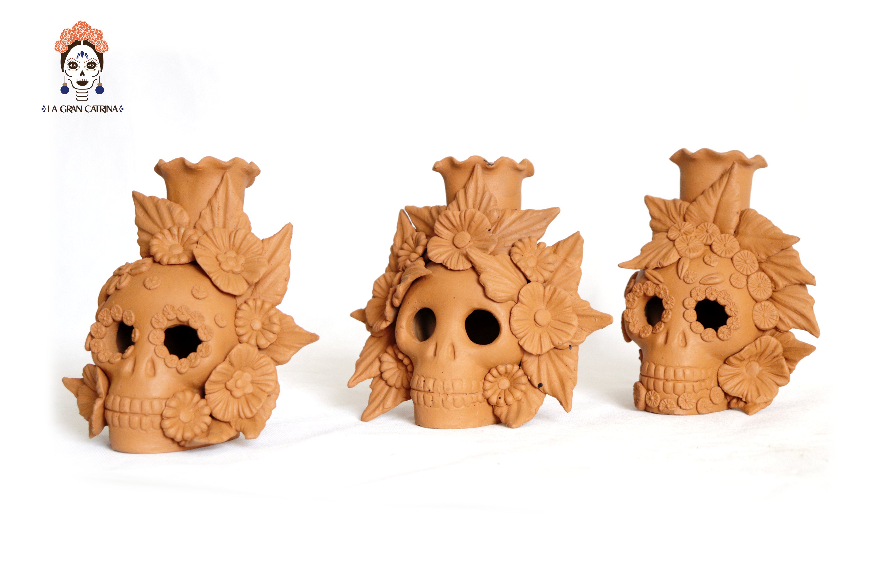 Trio of candleholders medium orange Day of the Dead for 1 Candle Brenda Capula