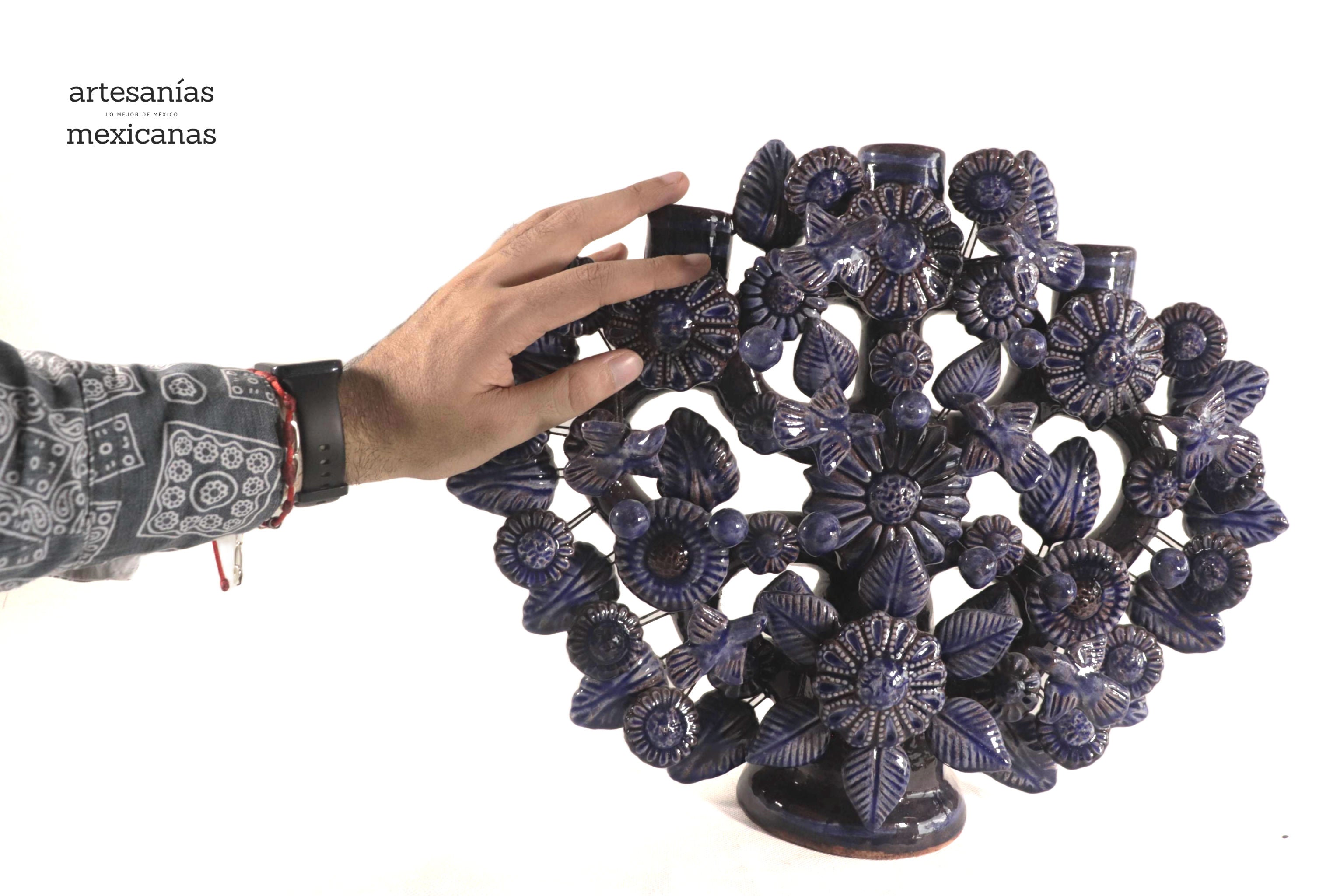 Tree of Life Medium Blue - 3 Candles - 14.5 in. Montoya