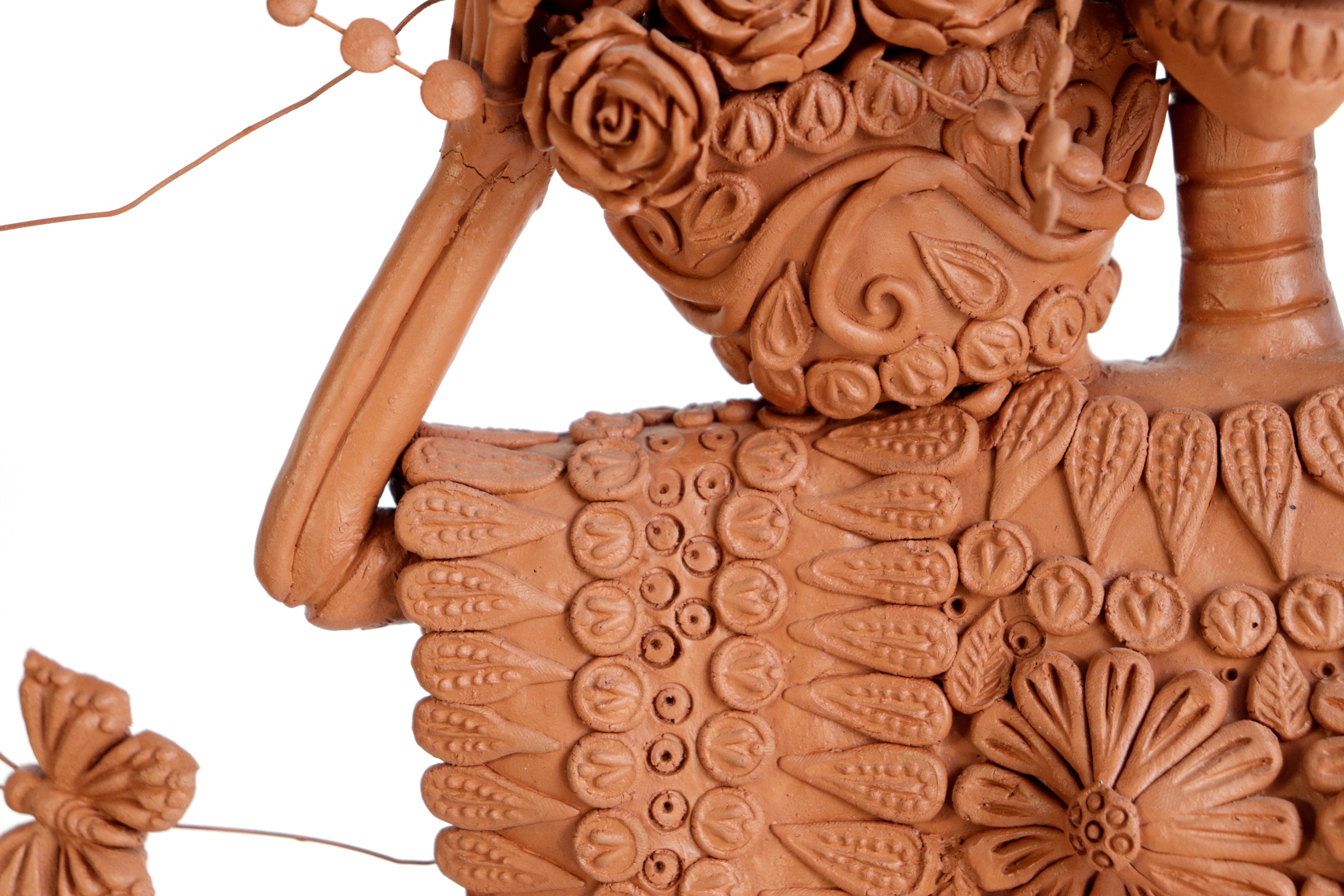 Handcrafted Clay Catrina with Flower Basket - 25.5 in. - in. Production Misael Jacobo
