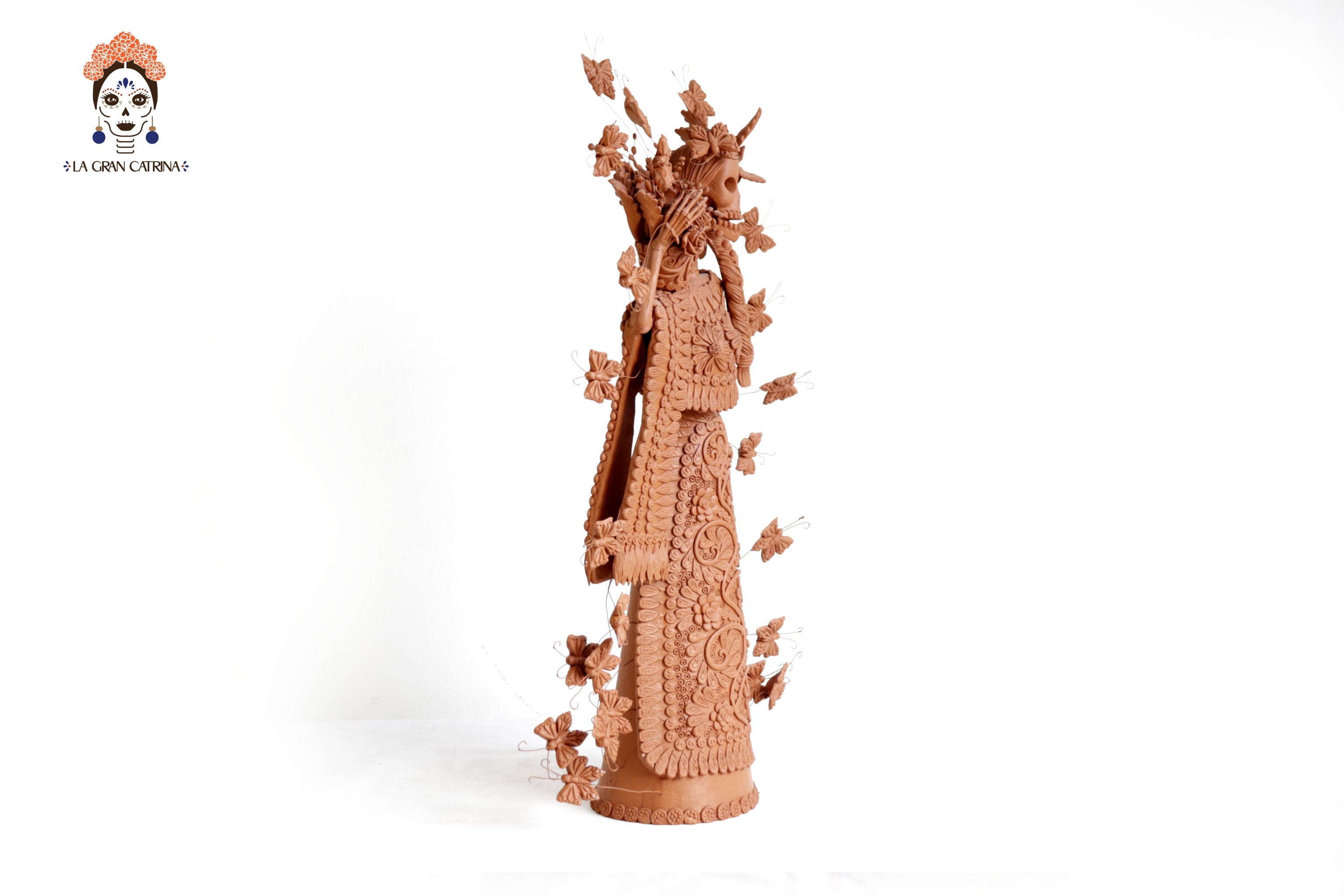 Handcrafted Clay Catrina with Flower Basket - 25.5 in. - in. Production Misael Jacobo