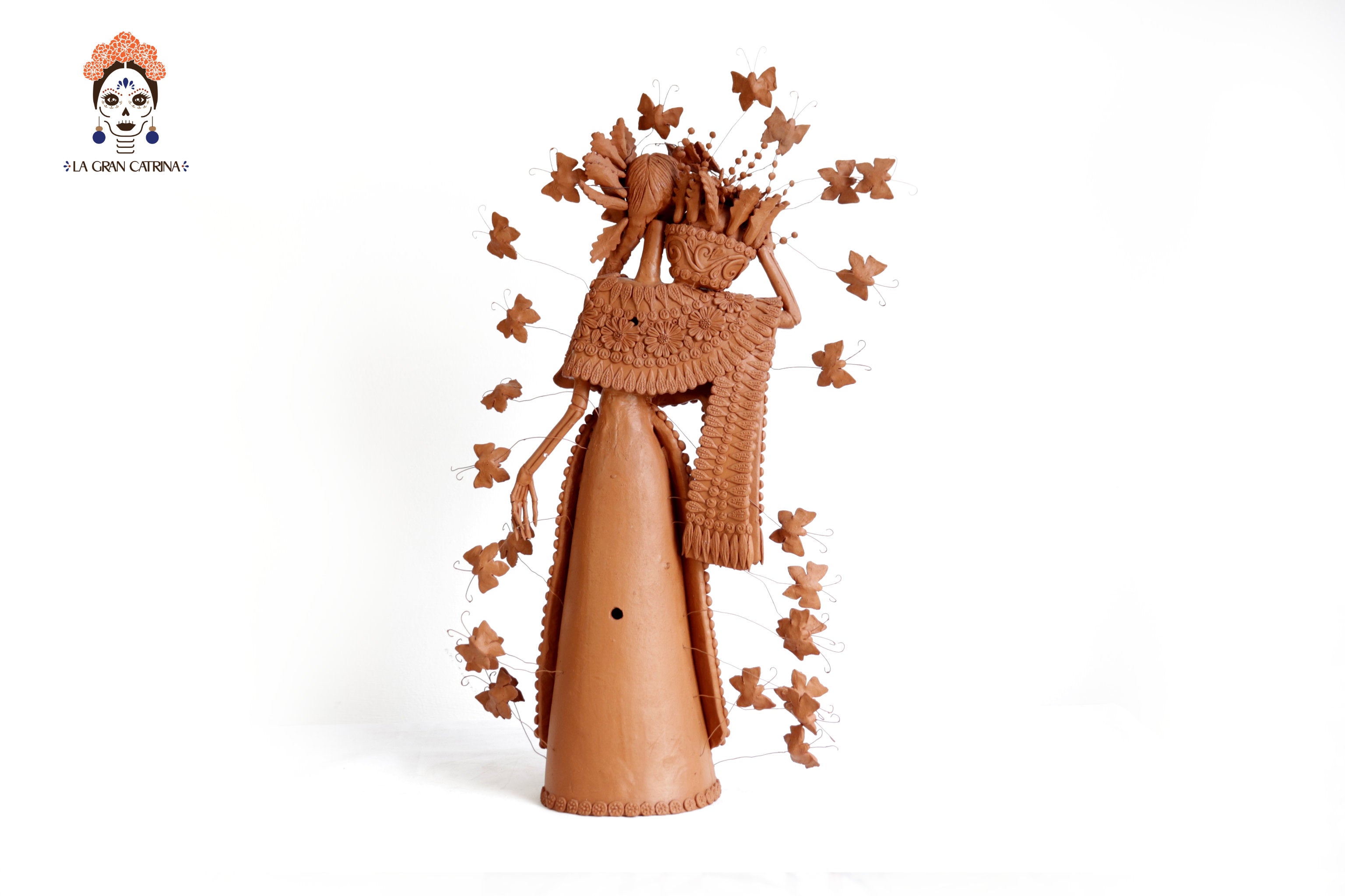 Handcrafted Clay Catrina with Flower Basket - 25.5 in. - in. Production Misael Jacobo