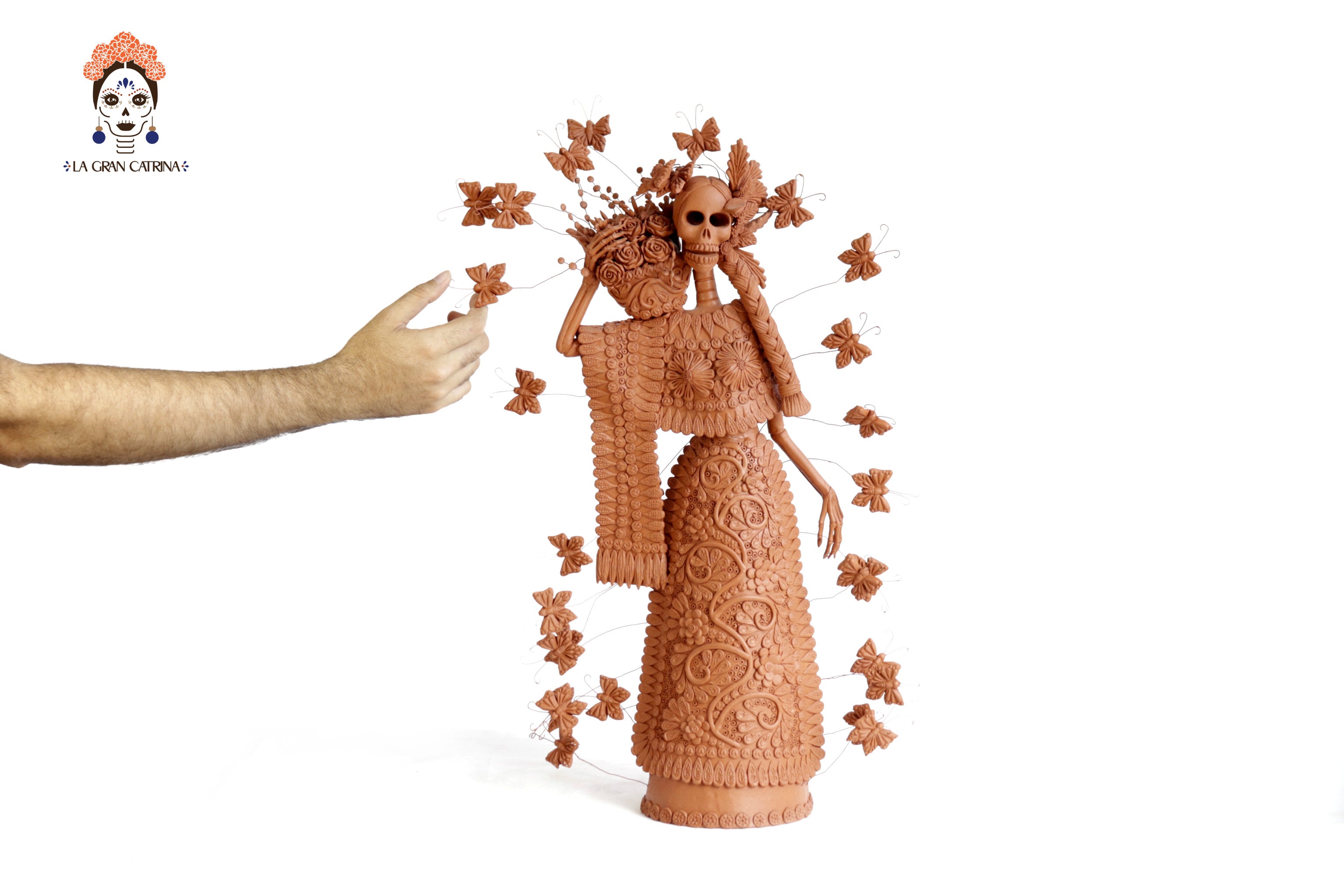 Handcrafted Clay Catrina with Flower Basket - 25.5 in. - in. Production Misael Jacobo