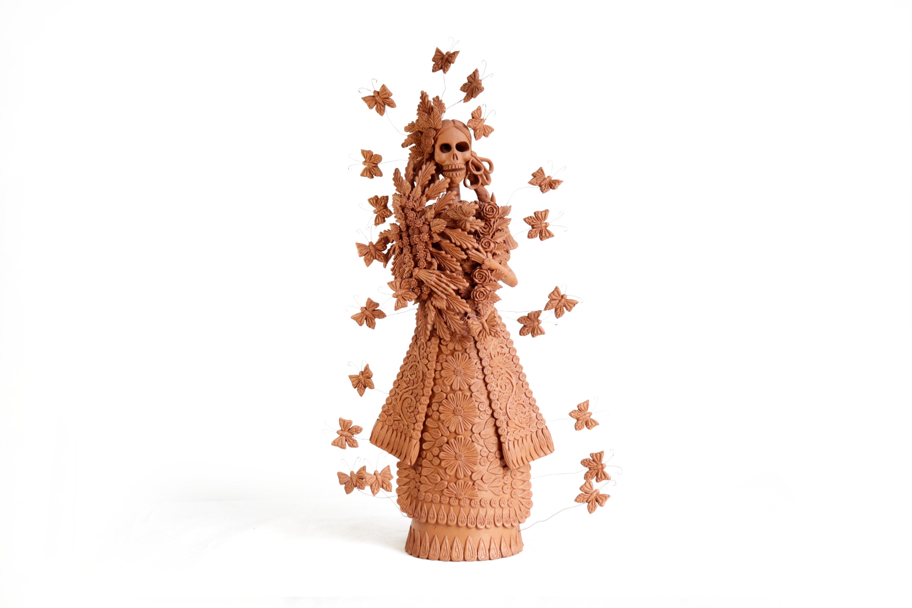 Handcrafted Clay Catrina with Bouquet with Flowers - 25.5 in. - in. Production Misael Jacobo