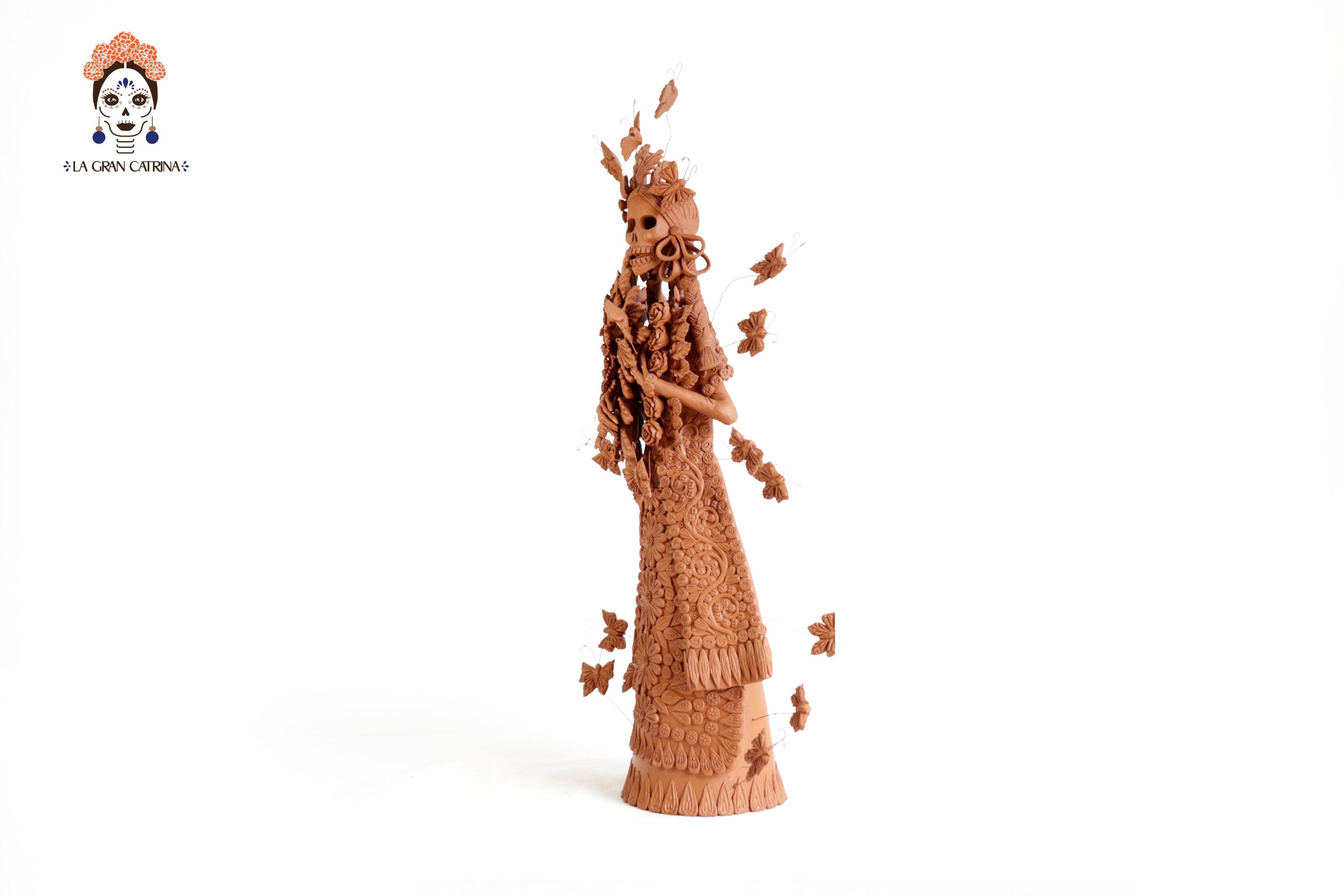 Handcrafted Clay Catrina with Bouquet with Flowers - 25.5 in. - in. Production Misael Jacobo