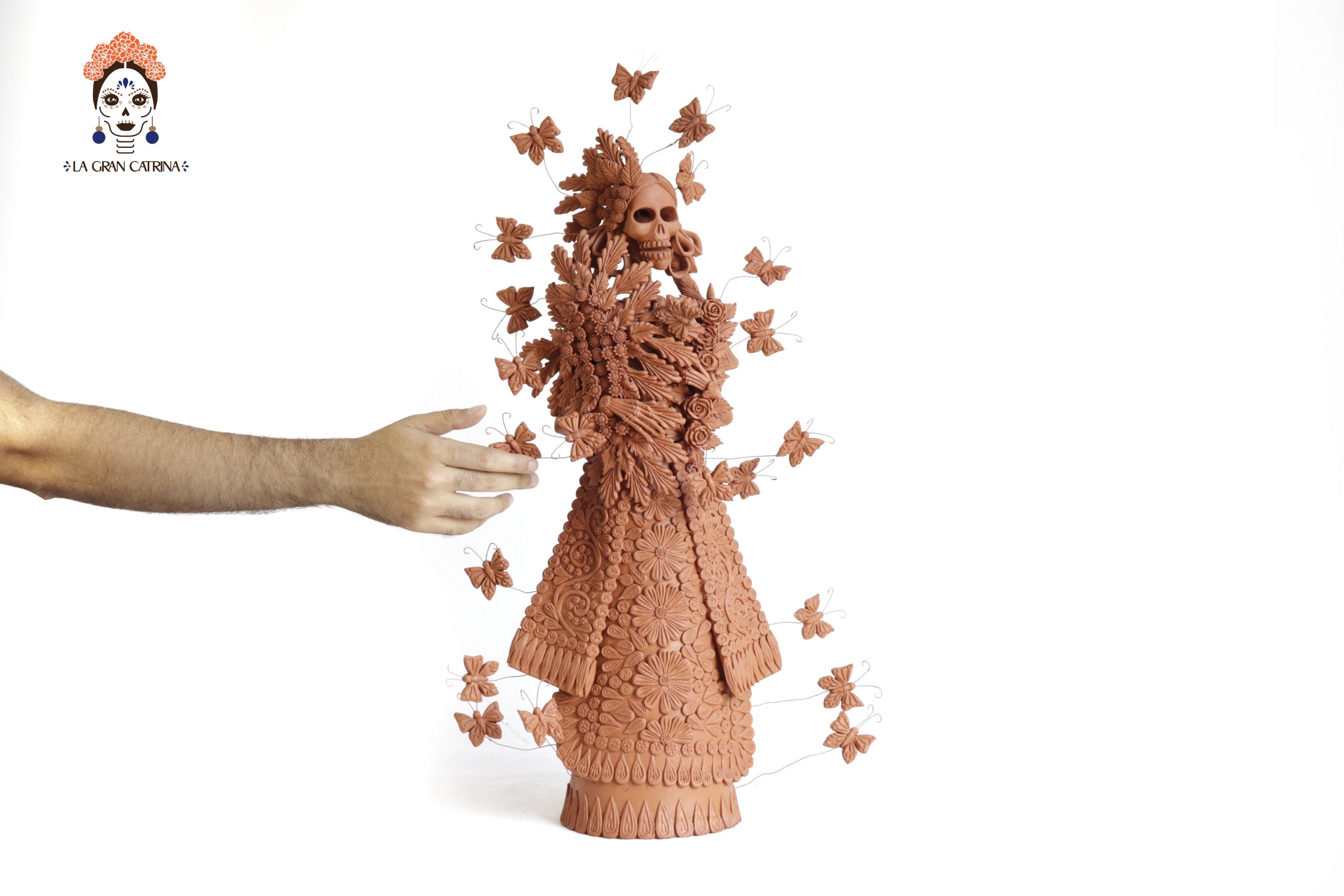 Handcrafted Clay Catrina with Bouquet with Flowers - 25.5 in. - in. Production Misael Jacobo