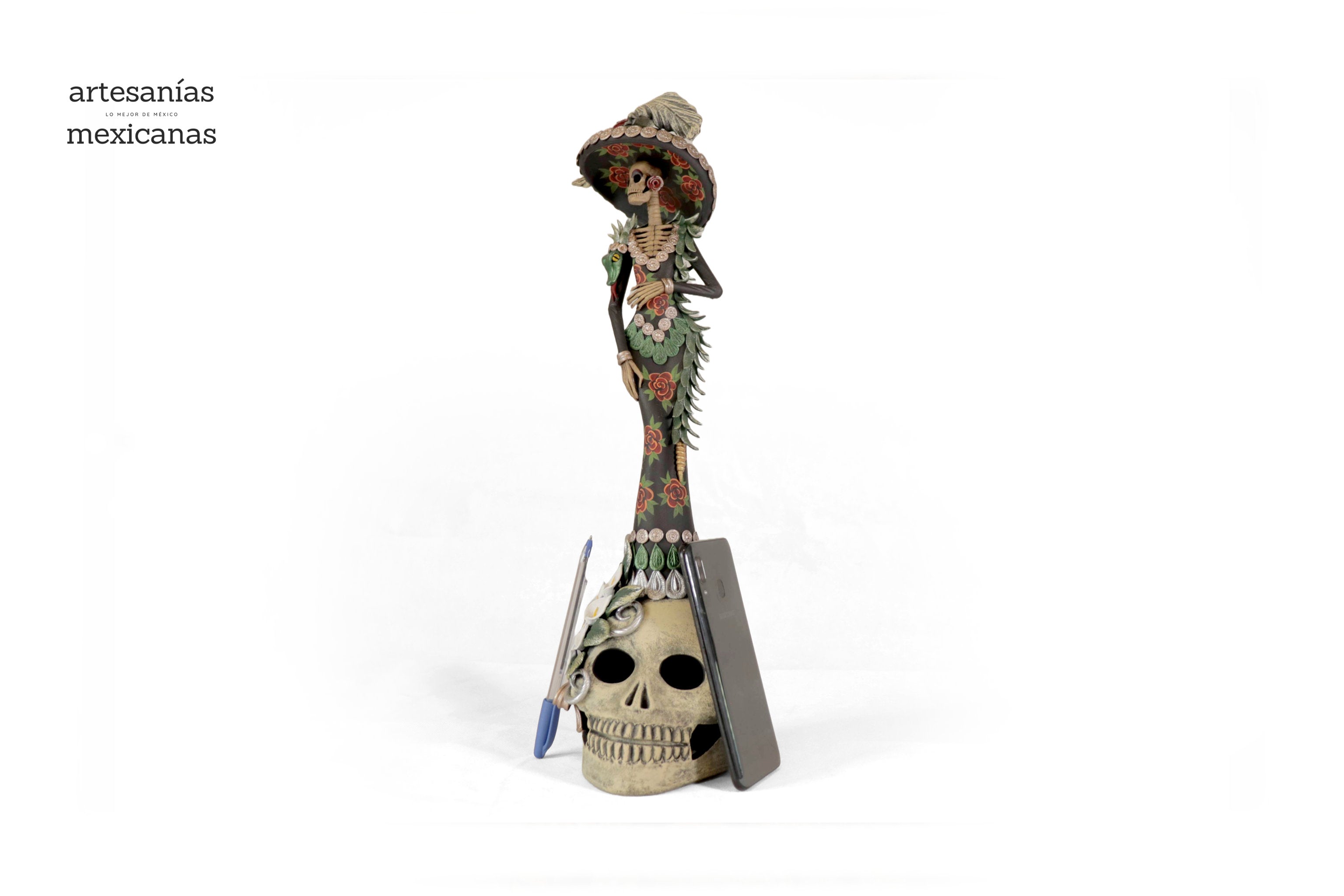 Catrina with red flowers on skull - 19 in. - in. Production Adan