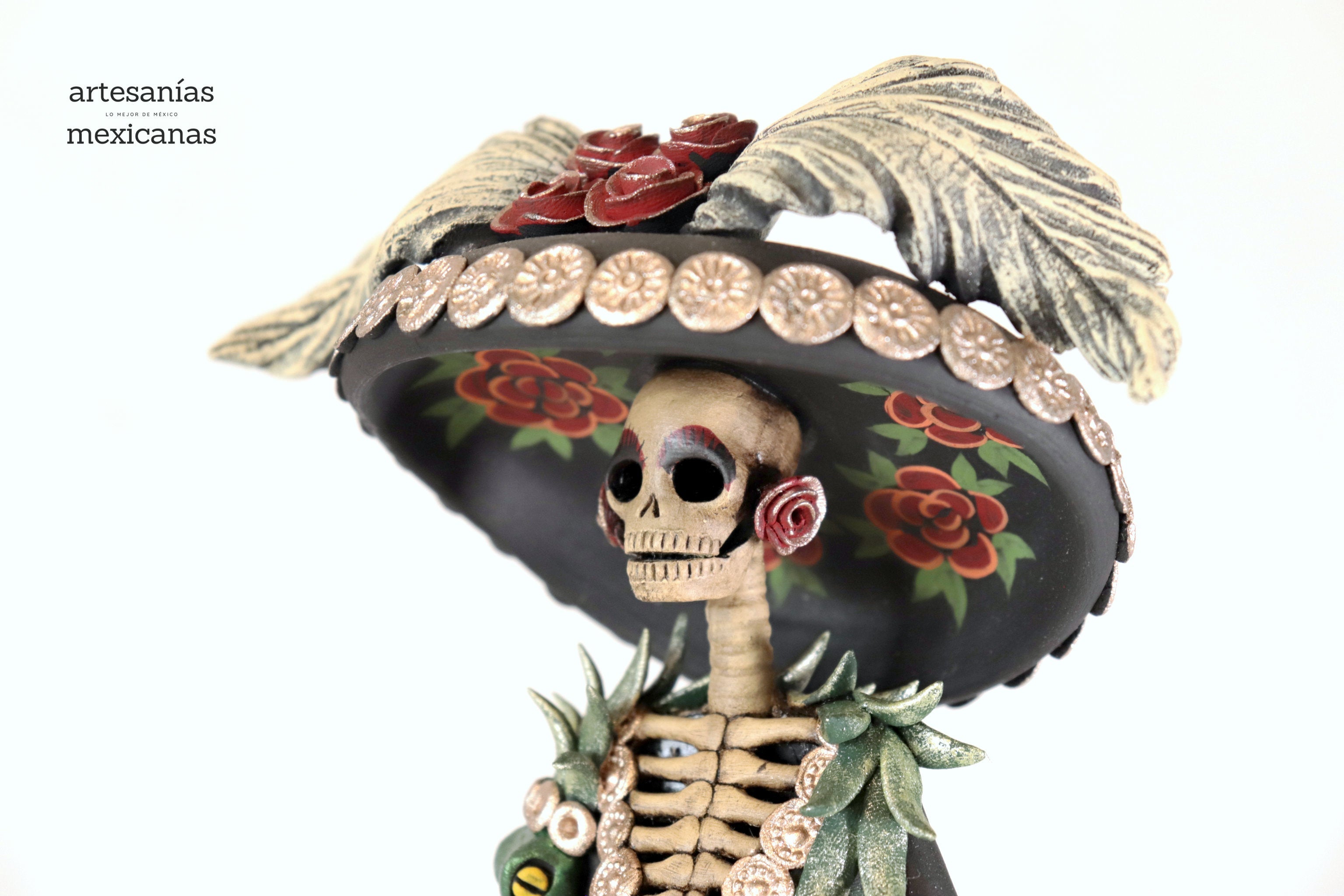 Catrina with red flowers on skull - 19 in. - in. Production Adan