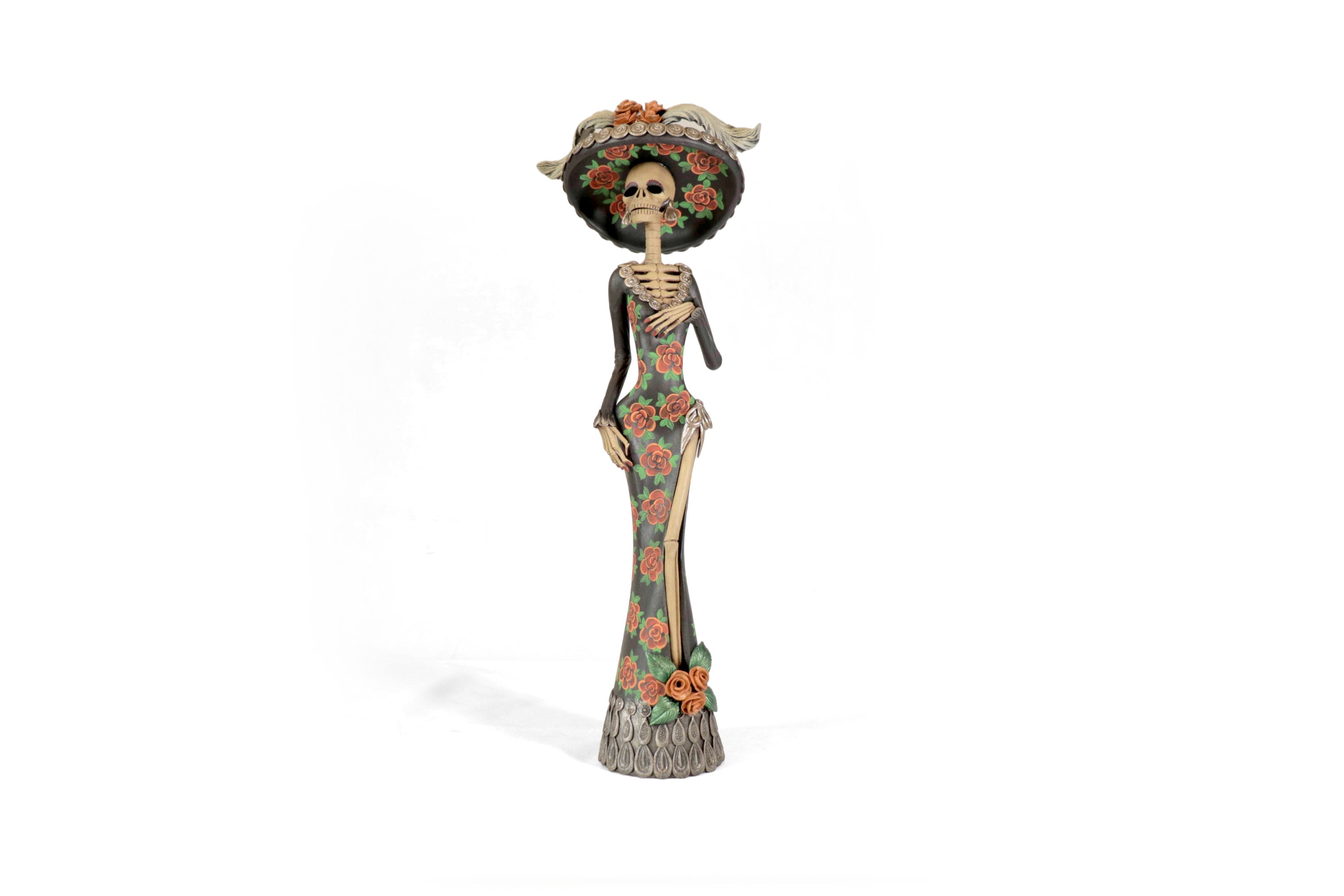 Catrina with vestido of red flowers - 20 in. Adan