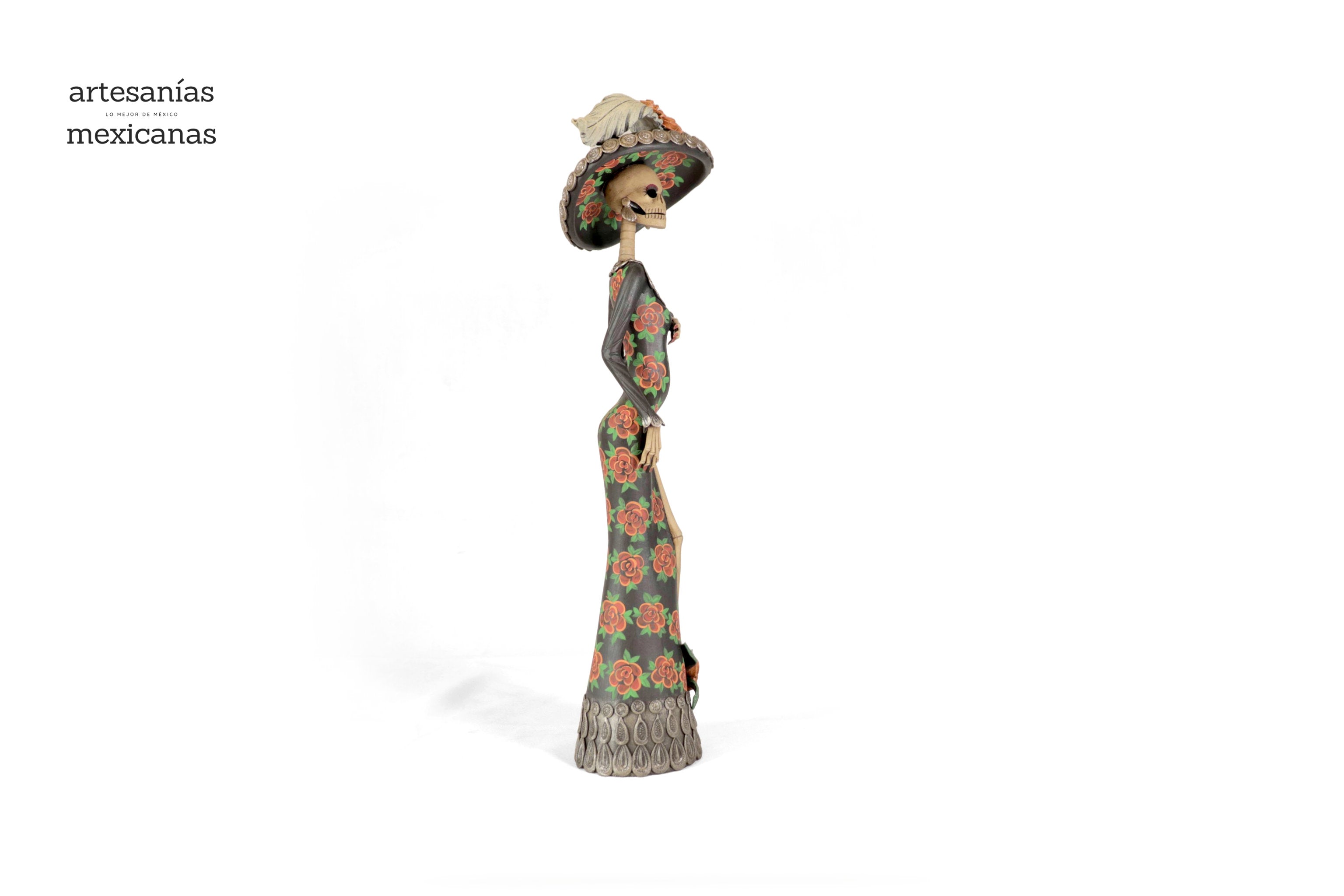 Catrina with vestido of red flowers - 20 in. Adan