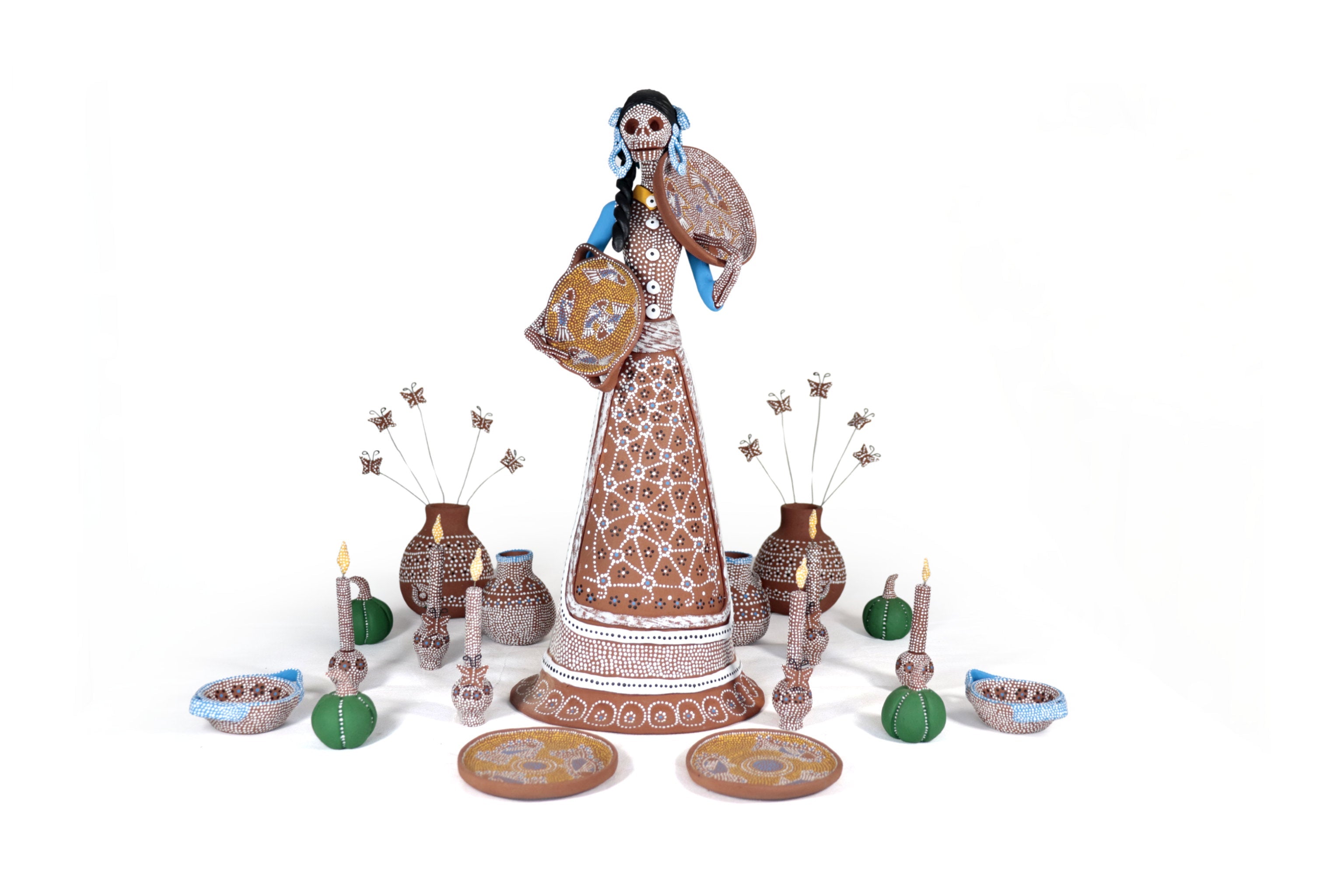 Catrina Punteada Ceremonial Clay and Set of Tallr - 15.3 in. Capula