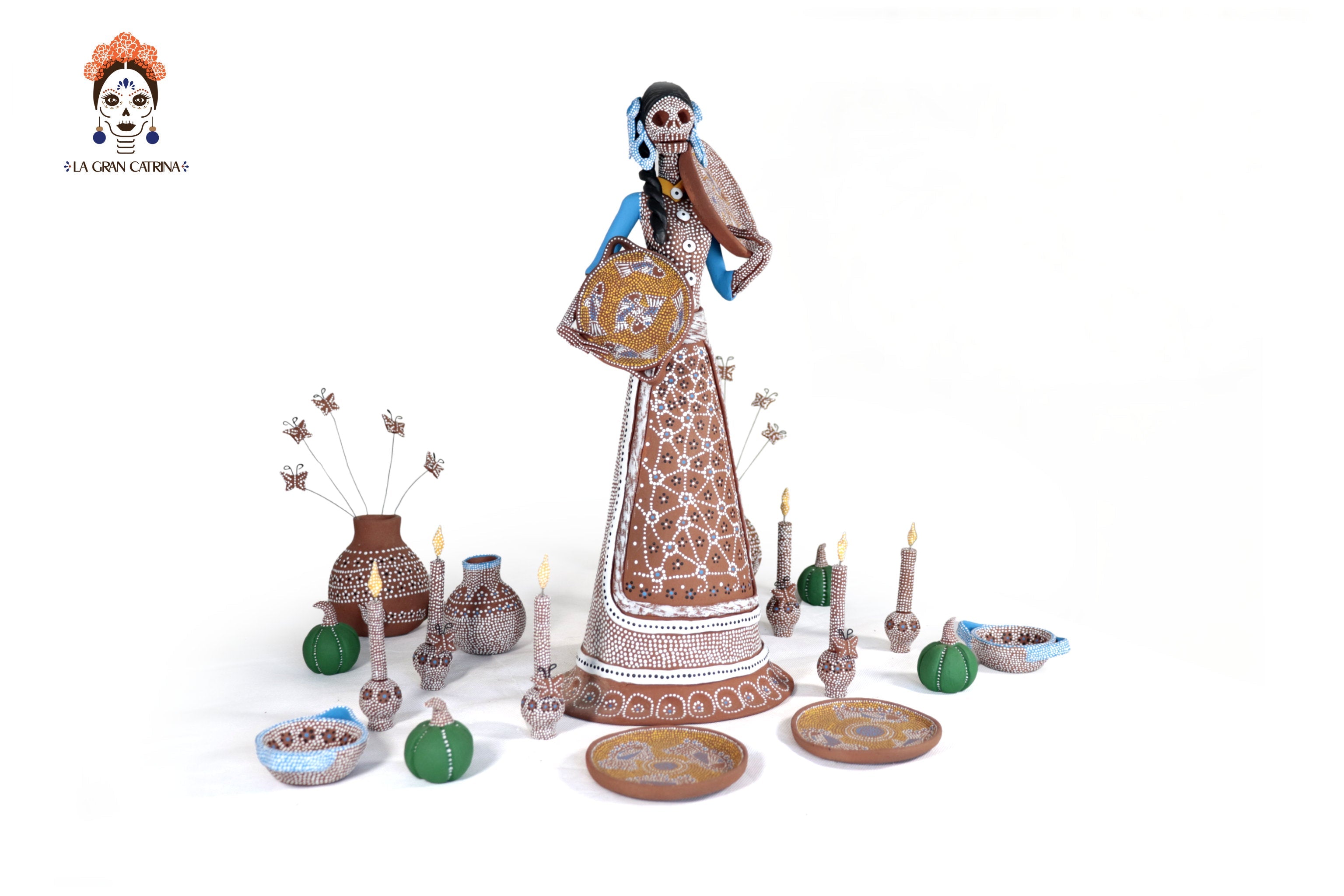 Catrina Punteada Ceremonial Clay and Set of Tallr - 15.3 in. Capula