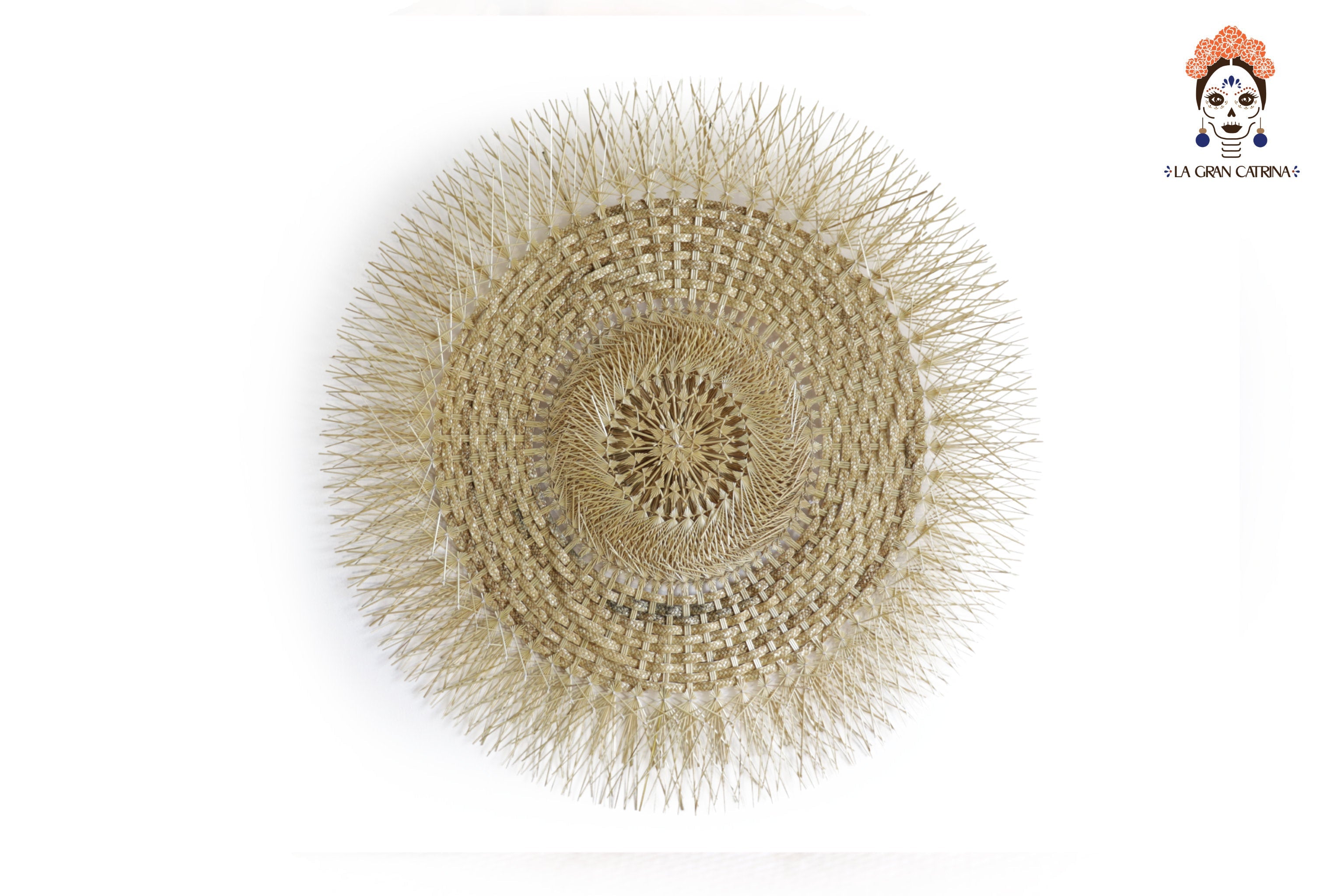 Large 40 in. hand-woven wheat straw wall circle, natural woven popotillo design, Michoacán folk art