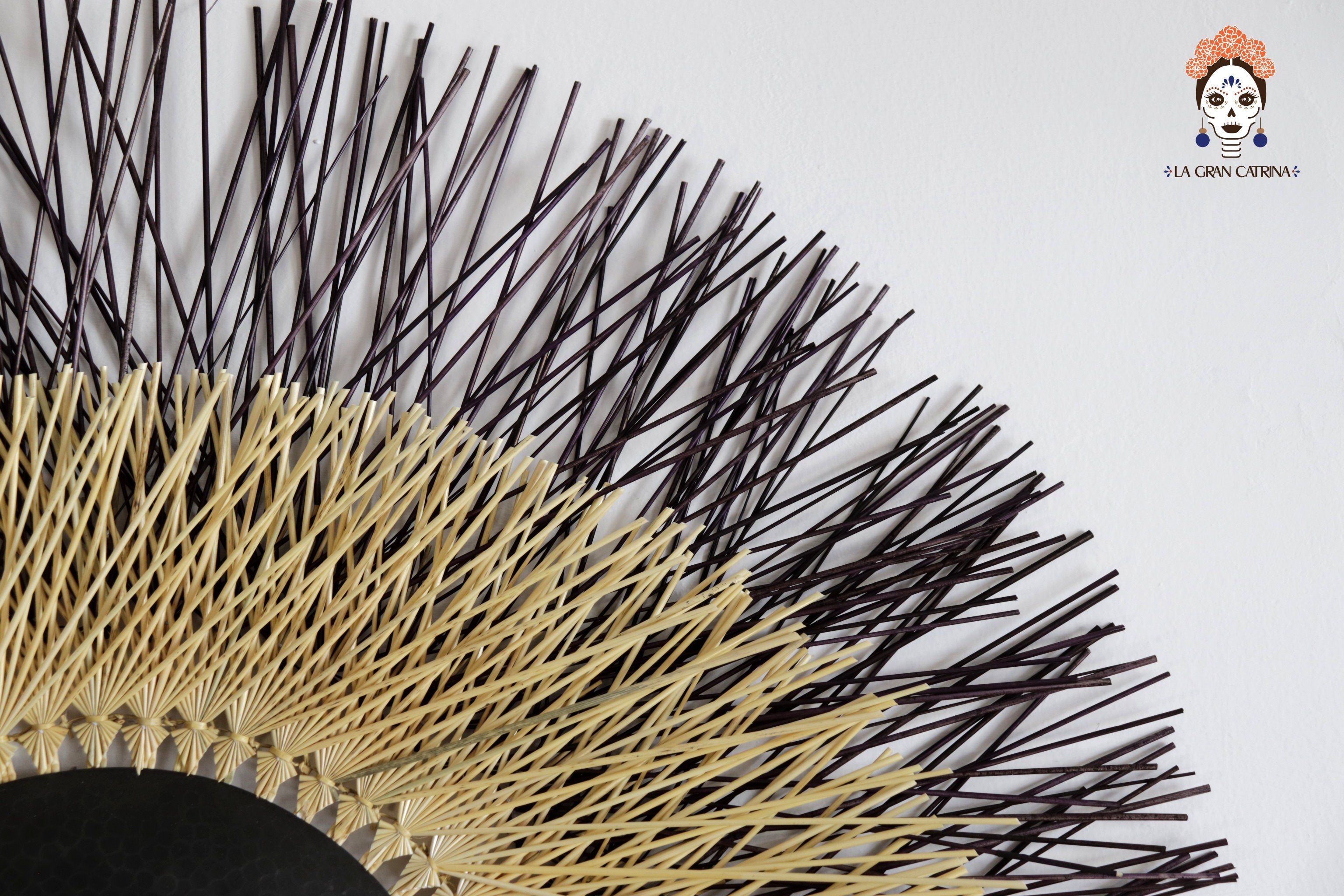 Large 40 in. hand-woven wheat straw wall circle, black eclipse design with hammered copper ring