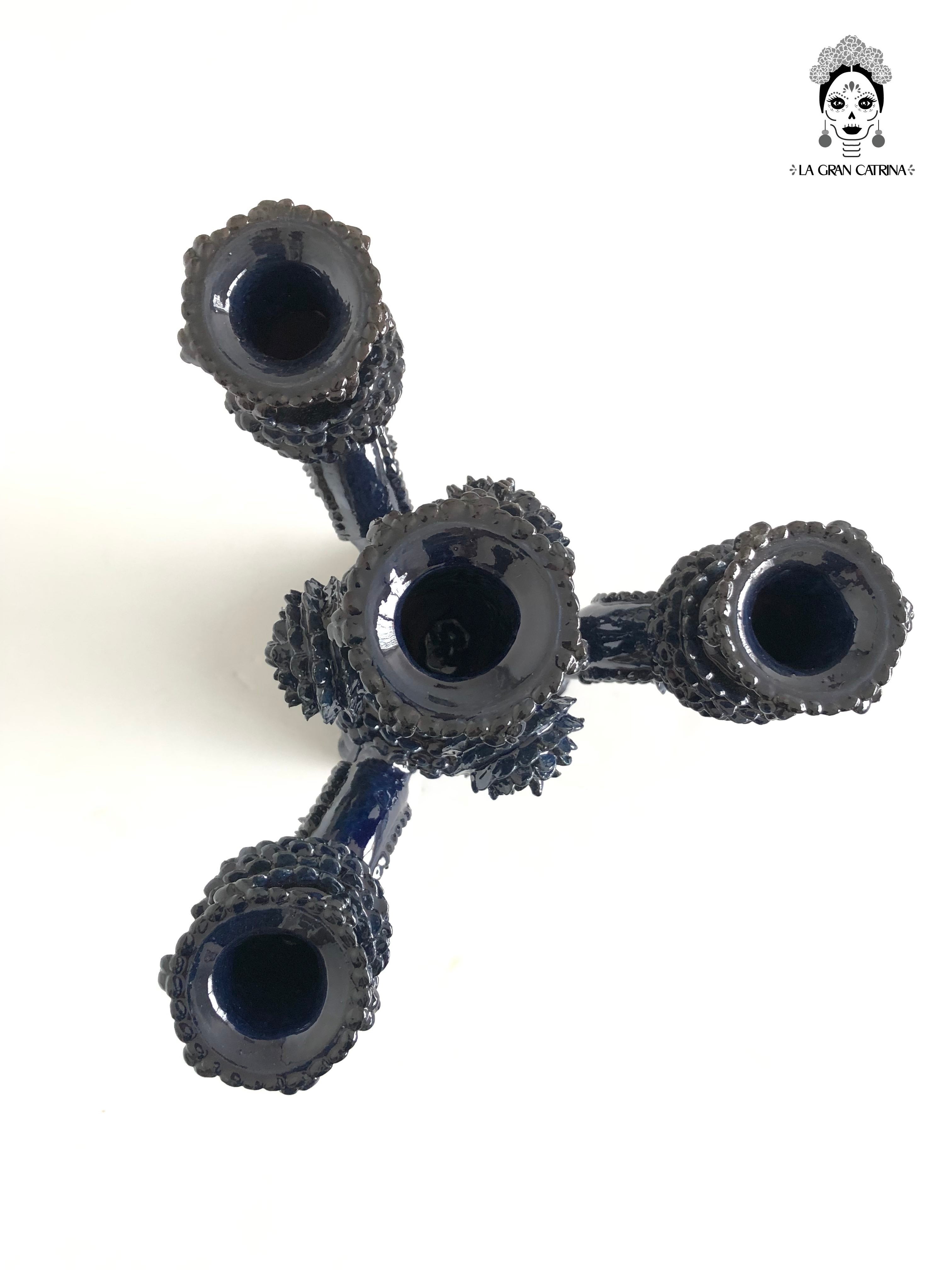 Candleholder Blue 4 candles - Glazed Clay - 16 in. - Made to Order 3+ Juan Gtz