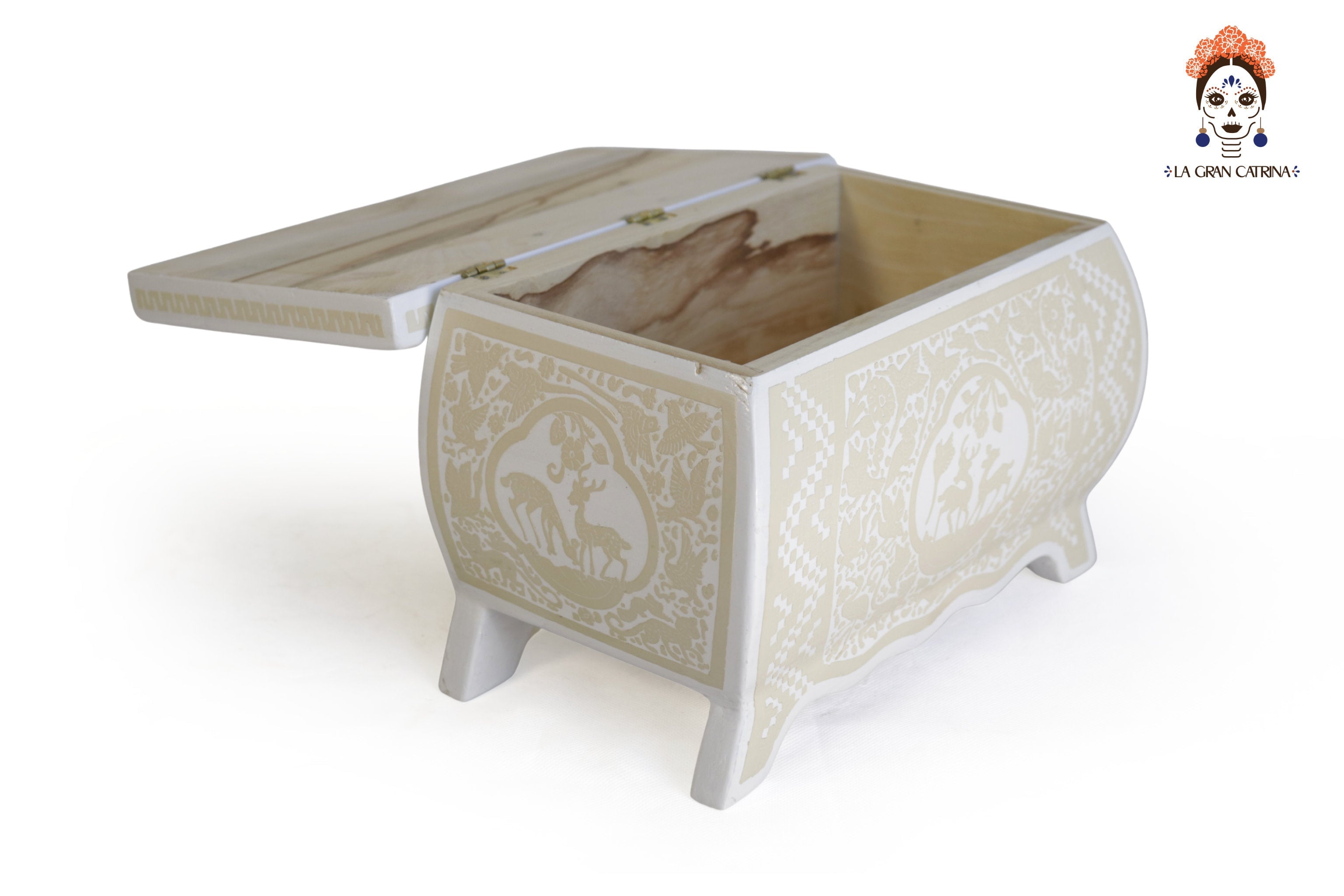 Small White Olinalá Handcrafted Box with Legs - 6.8 in. Olinala