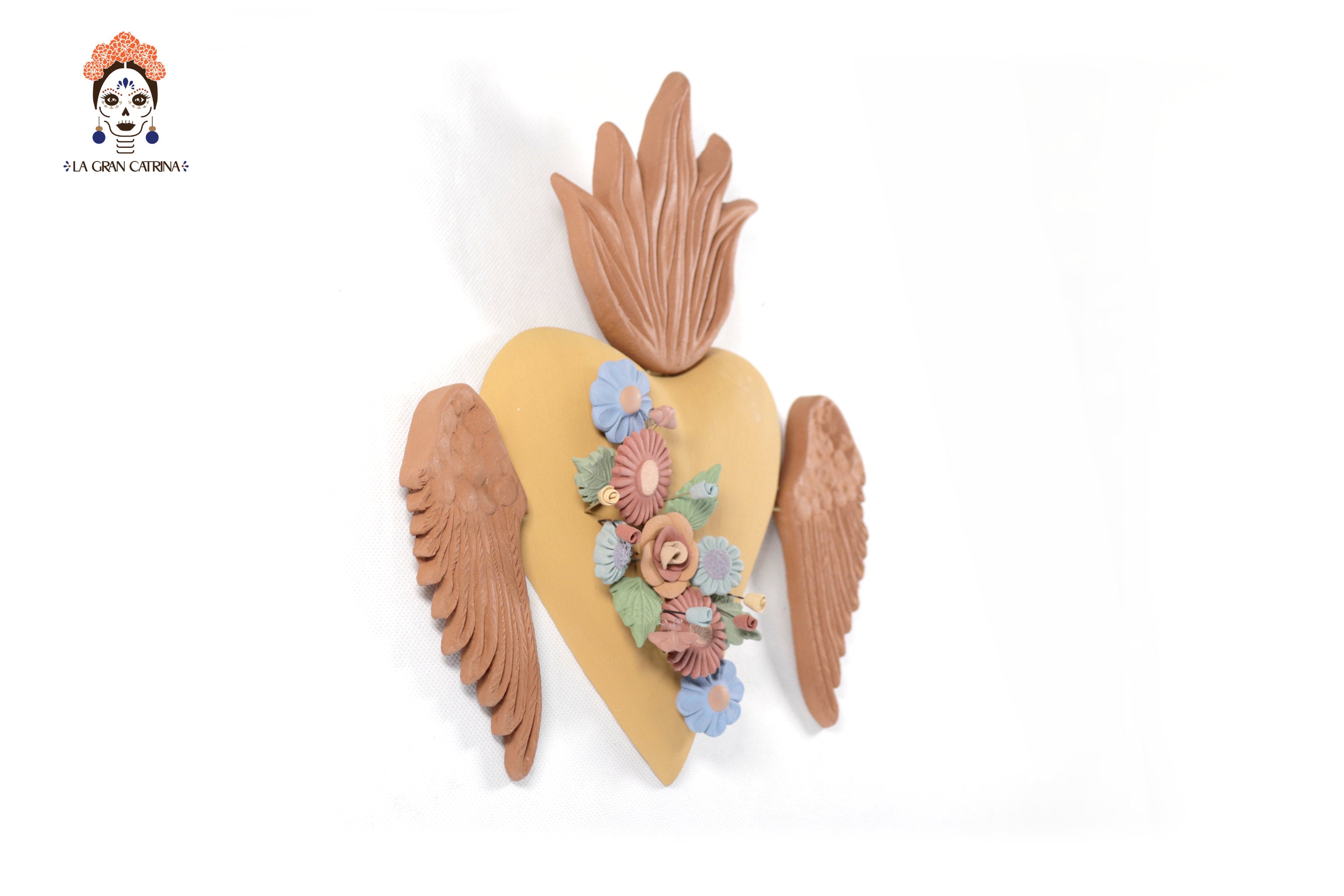 Handcrafted Winged Clay Heart with Flowers - 9.7 in. Cecilio