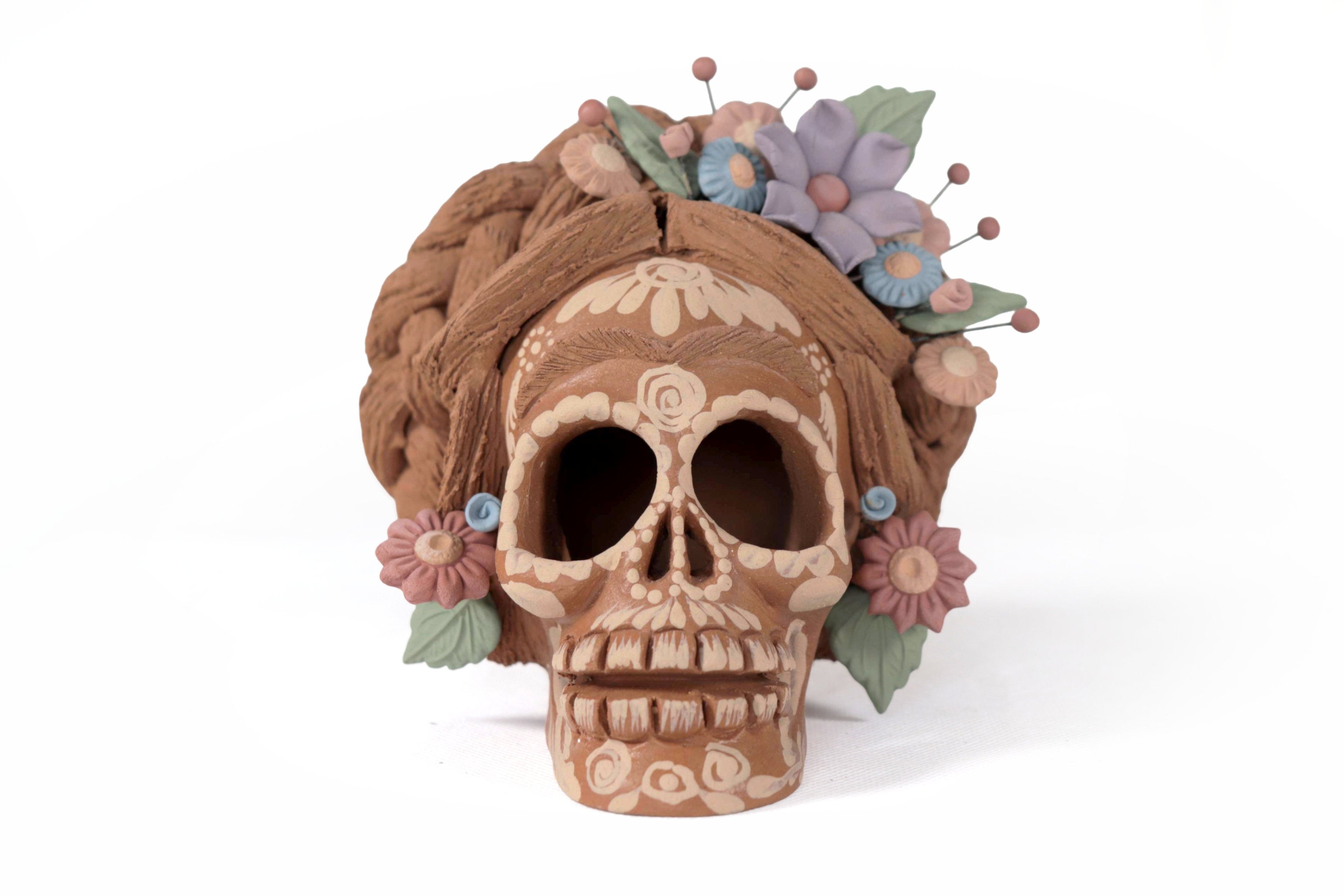 Frida Kahlo Style Skull with Flowers and trenzas - 5.1 in. Cecilio