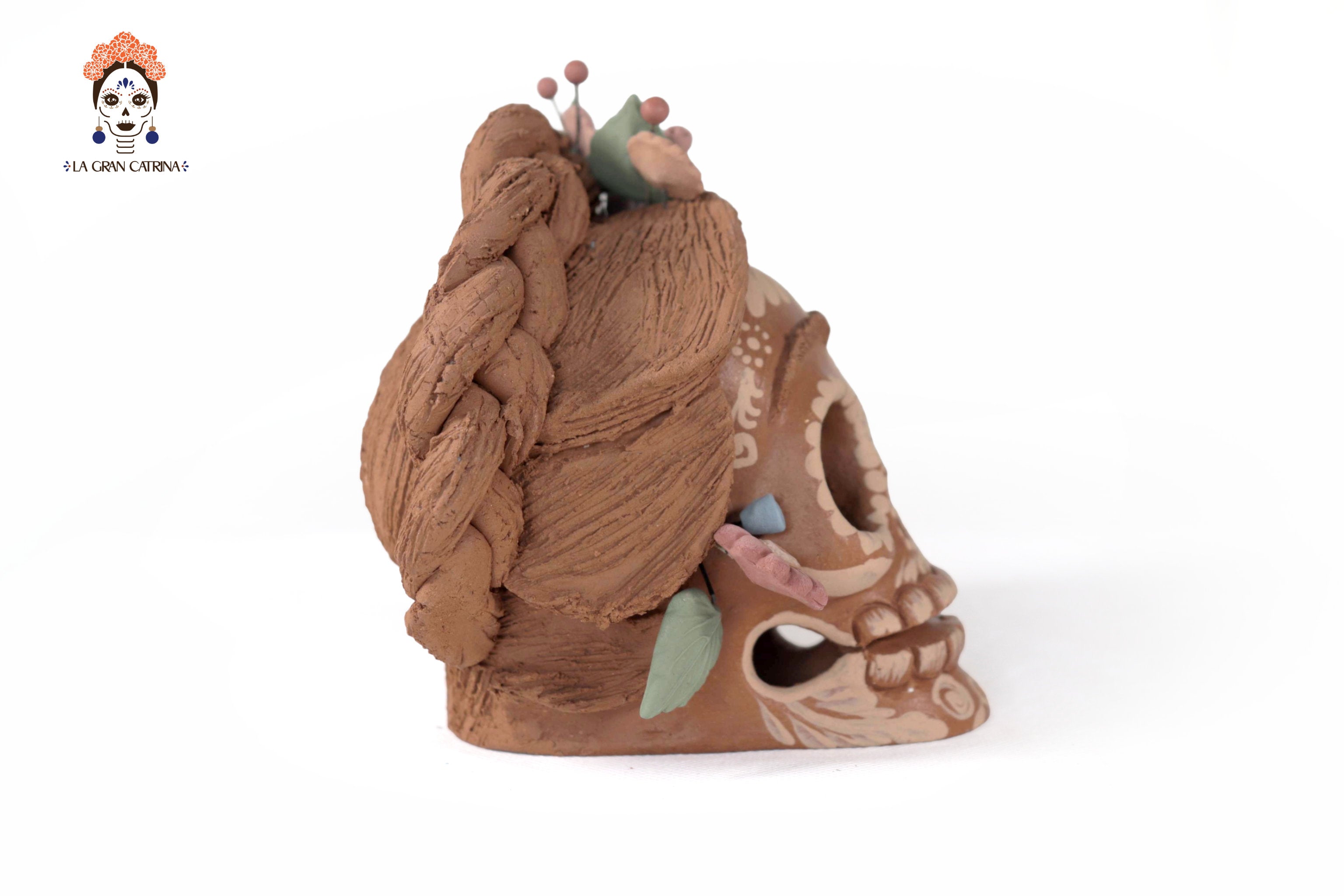 Frida Kahlo Style Skull with Flowers and trenzas - 5.1 in. Cecilio