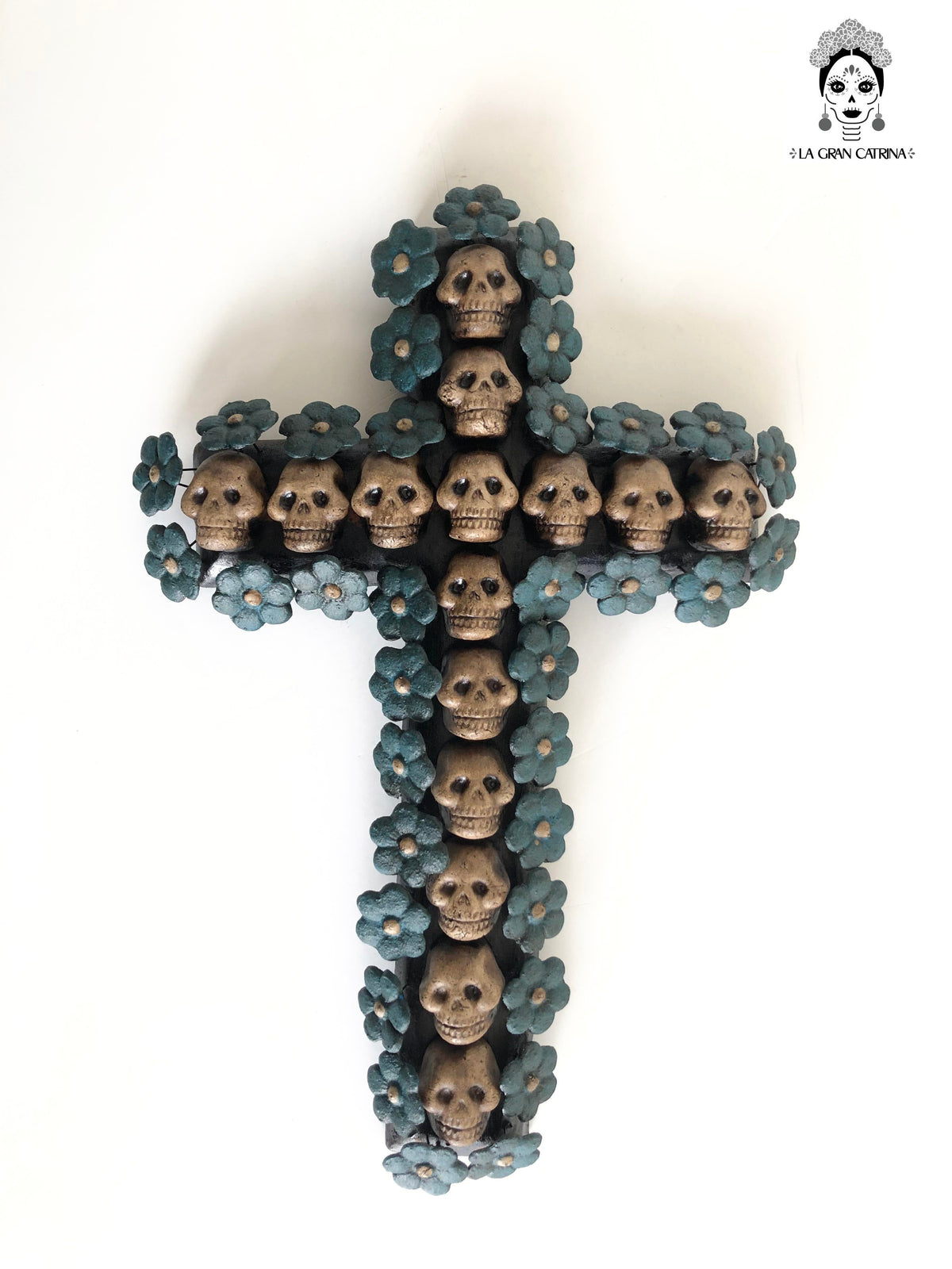 Cross Day of the Dead skulls and marigold 10 in. Lizbeth Cruces